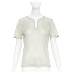 CHANEL SPORTS 03P Vintage grey sheer mesh silver CC logo split neck top FR40 L