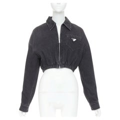 PRADA 2022 grey faded denim triangle logo plague cropped blouson jacket IT40 S