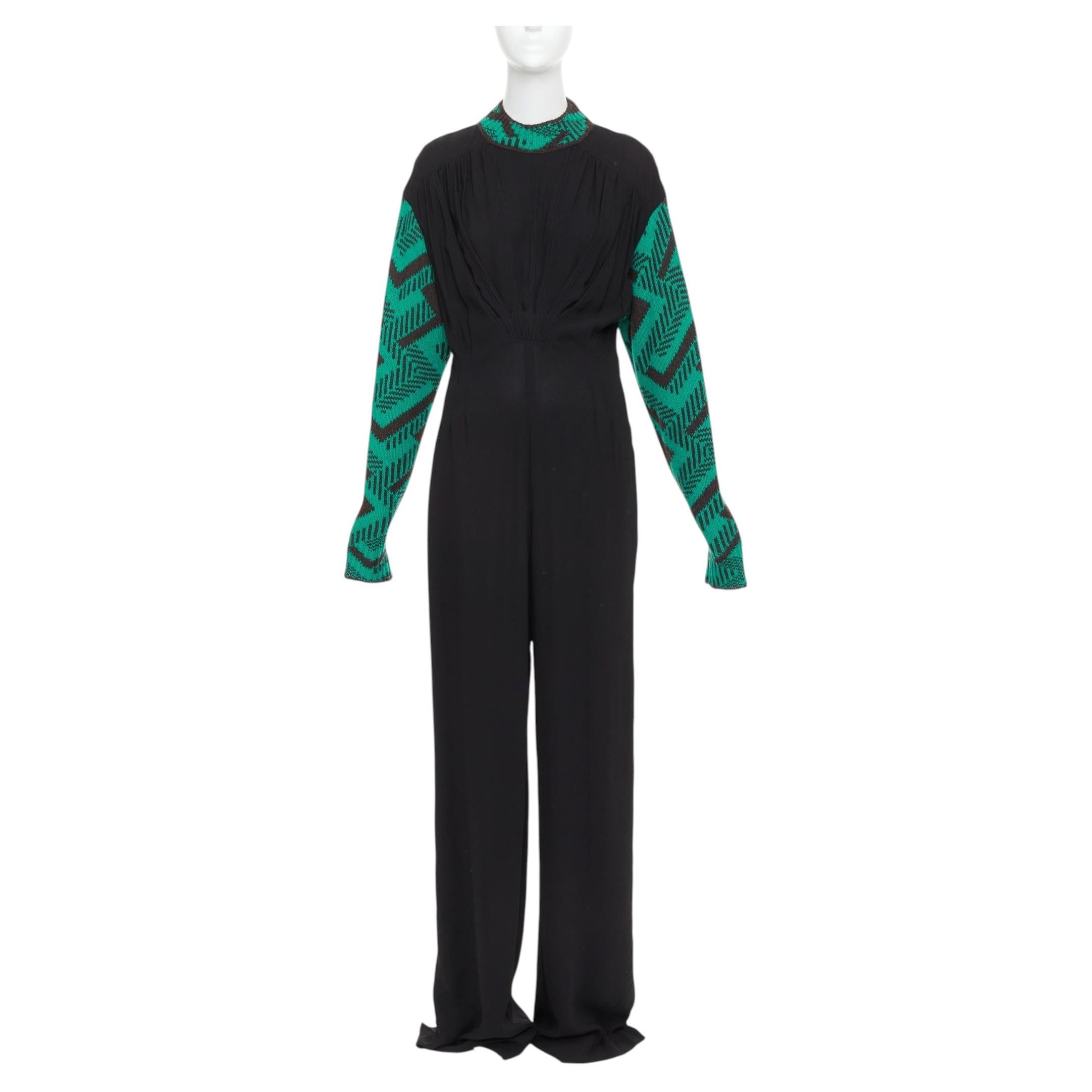 PRADA 2021 Runway black sable green jacquard wool knit pleated jumpsuit IT38 XS For Sale