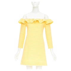 MIU MIU 2019 yellow white gingham check ruffle off shoulder mini dress M