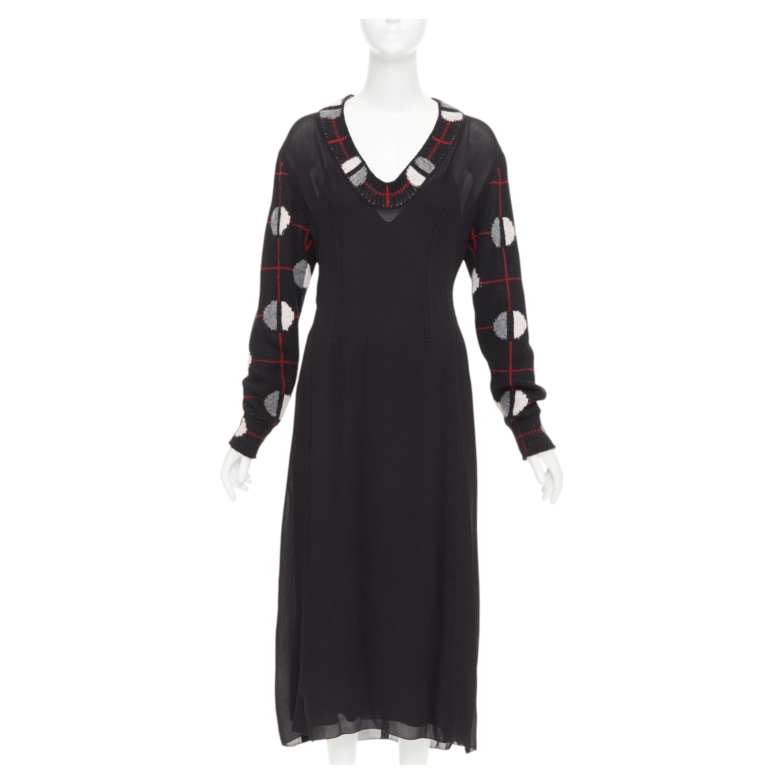 Pre-owned Prada 2021 Runway Black Sable Checkered Wool Sleeves V-neck Midi Dress It38 Xs