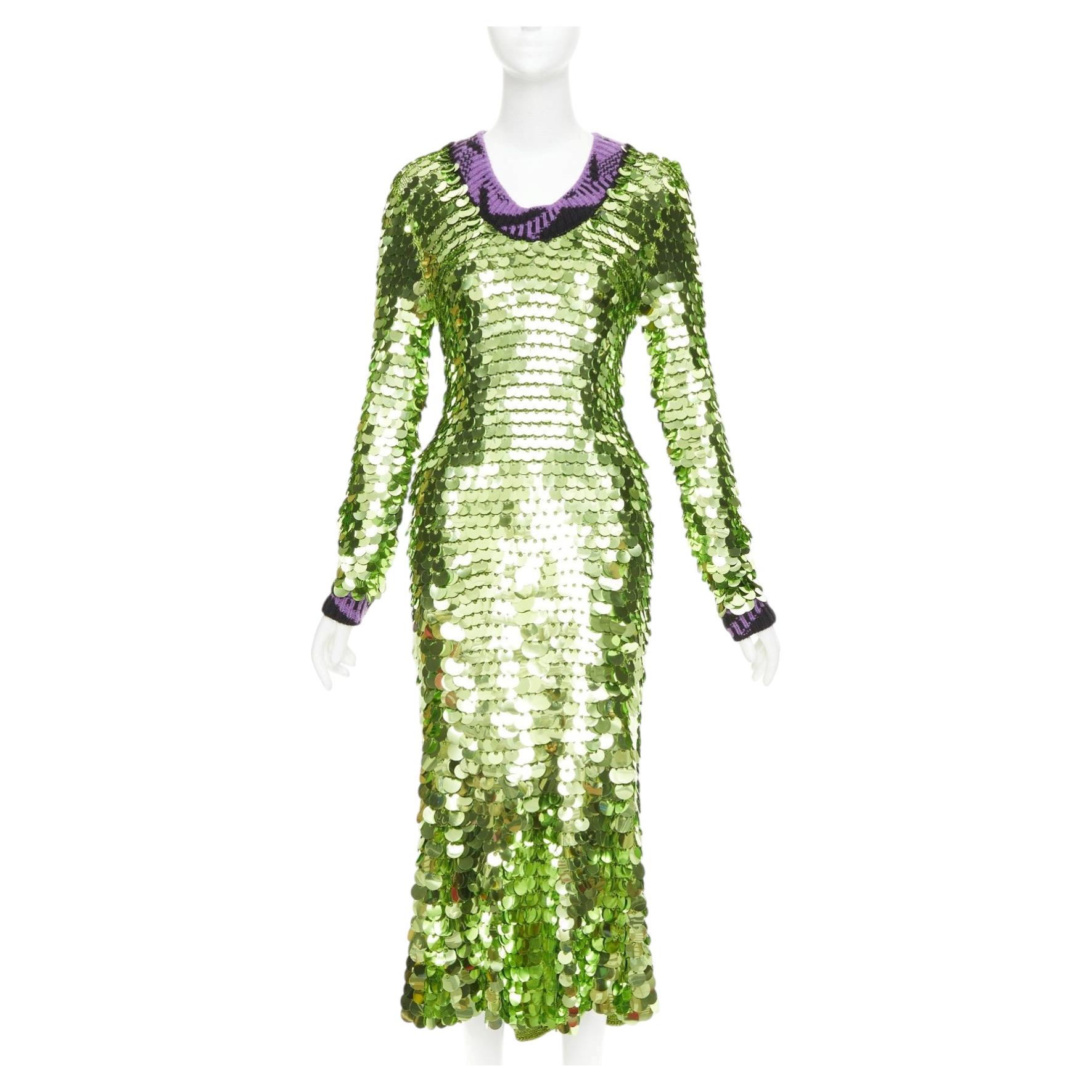 Pre-owned Prada 2021 Runway Green Sequin Paillettes Purple Jacquard Trim Dress It38 Xs