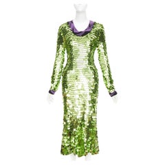 PRADA 2021 Runway green sequin paillettes purple jacquard trim dress IT38 XS
