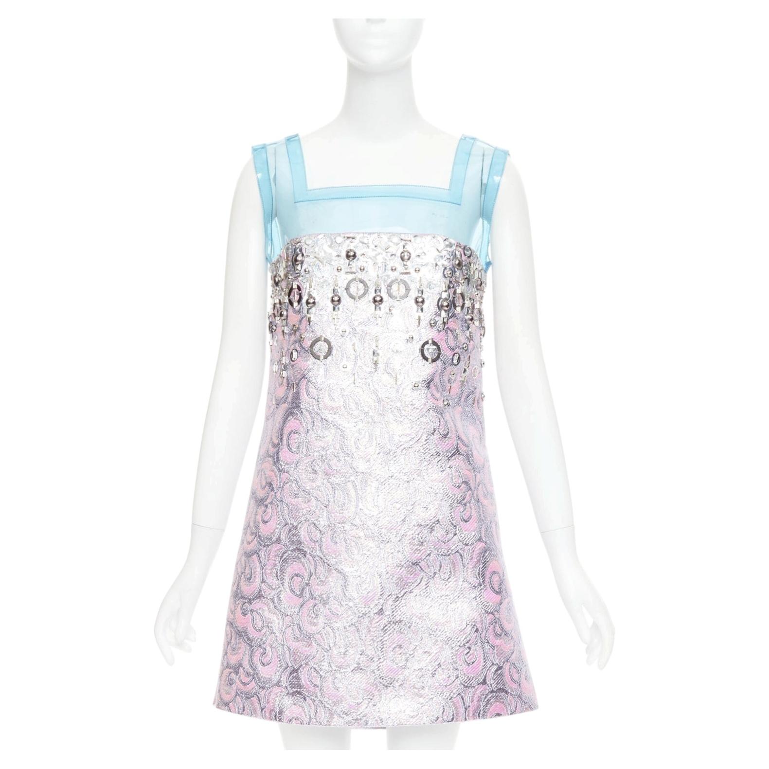 Vestido poco común de miu miu de la colección de pasarela de 2014, de PVC azul y lana morada metalizada, corte en A, talla IT40 S