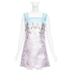 Raro abito miu miu 2014 da passerella, blu in PVC metallizzato e viola in lana, modello a trapezio, taglia IT40 S