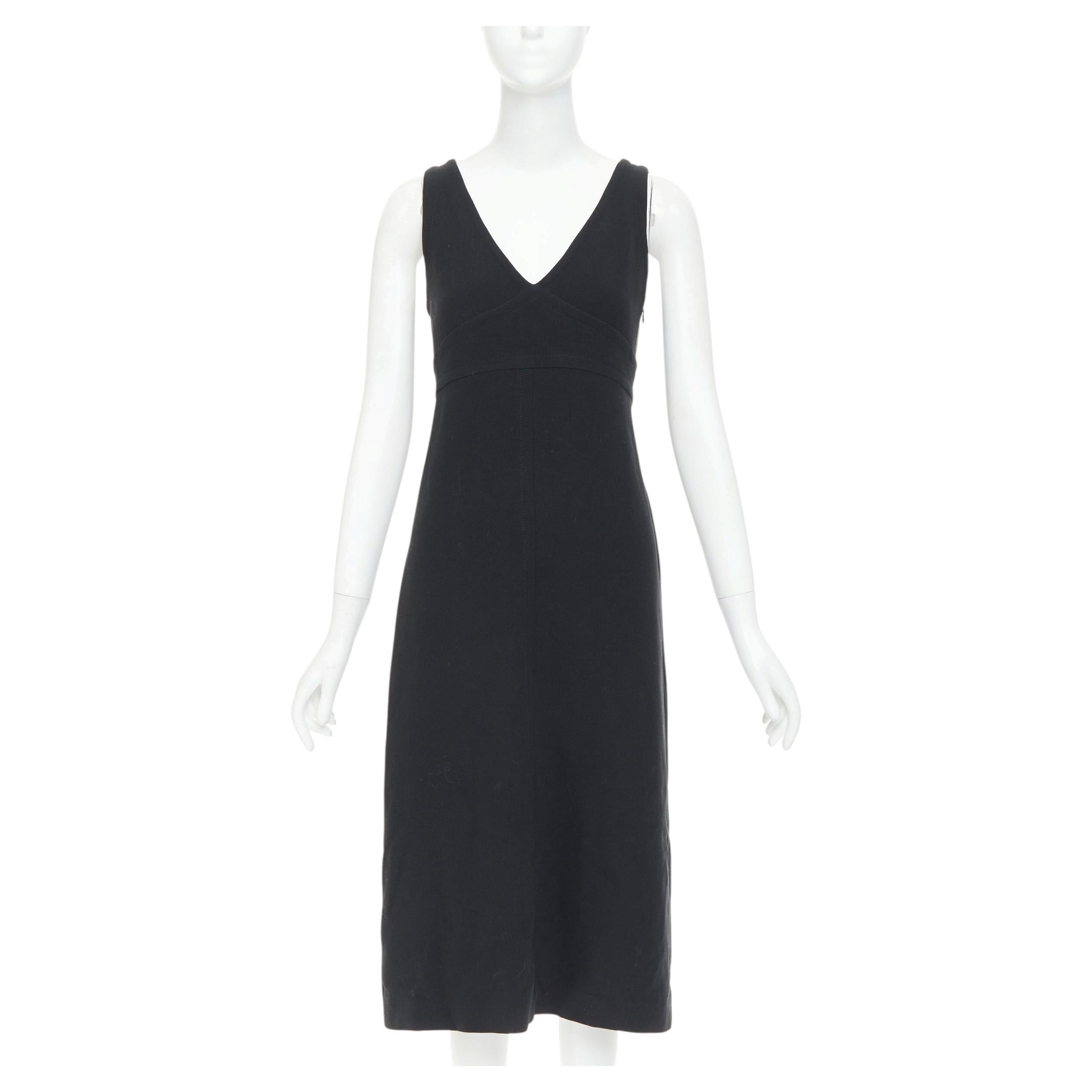 PRADA 1998 Vintage black wool rubber seamed V neck minimal sheath dress IT40 S