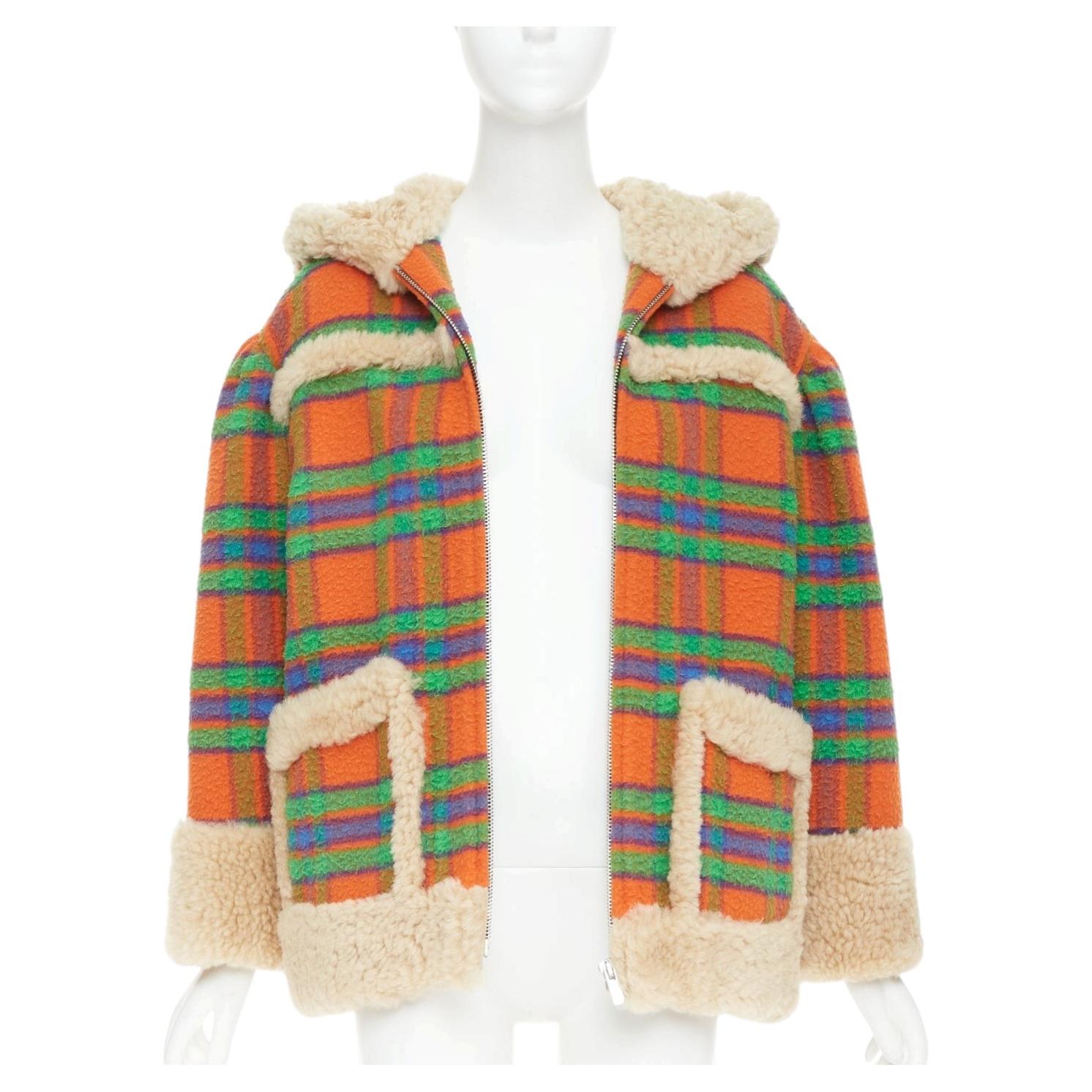 MIU MIU 2020 Plaid Casentino Shearling orange green fur trim boxy jacket IT38 XS