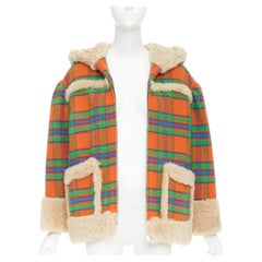 MIU MIU 2020 Plaid Casentino Shearling orange green fur trim boxy jacket IT38 XS