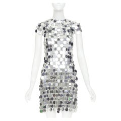 PACO RABANNE Iconic Silver Sparkle sequin chain discs mini dress FR38 M