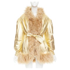 MIU MIU 2019 gold lambskin brown mohair shaggy fur collar robe coat IT36 XXS