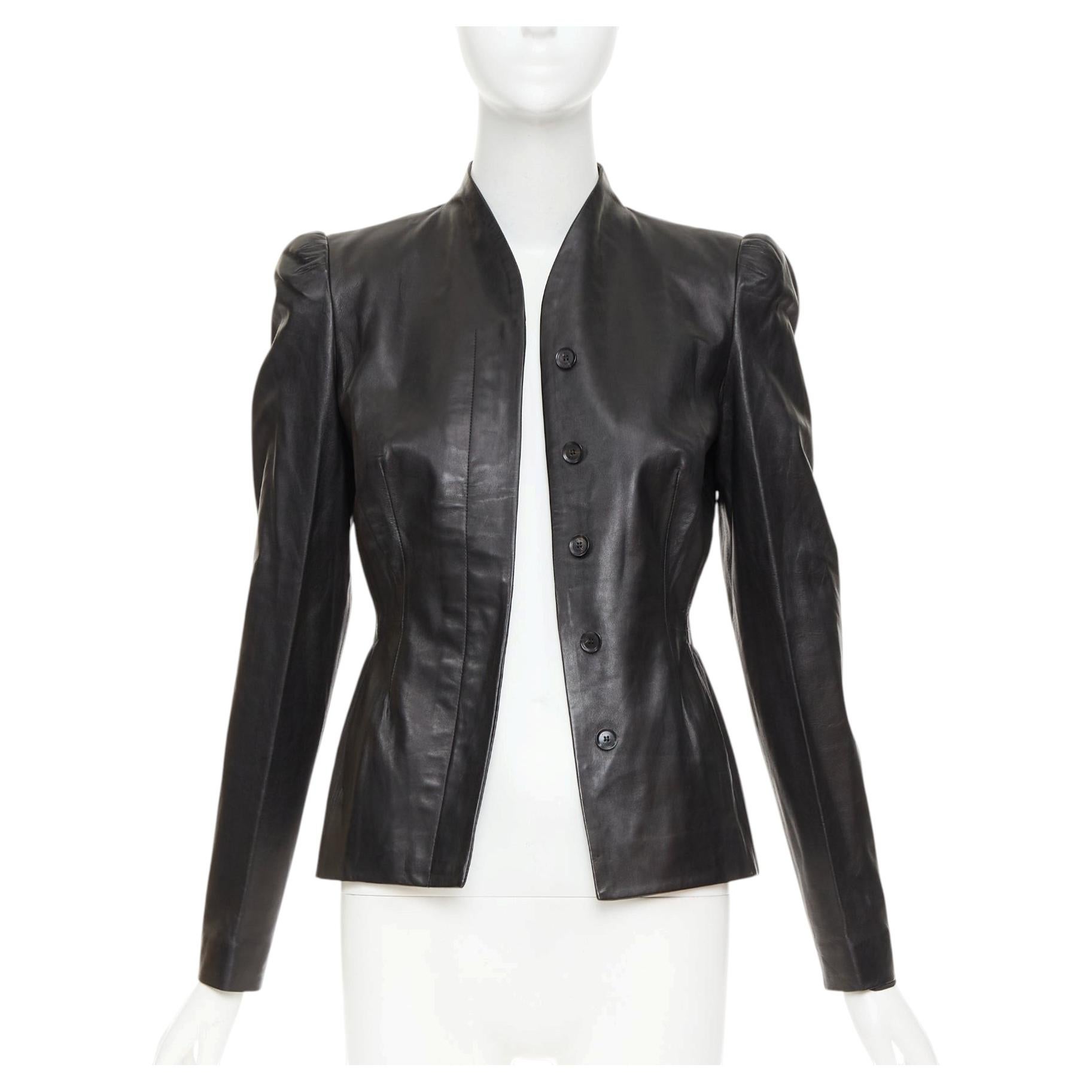 GUCCI Tom Ford Vintage black lambskin leather ruched shoulders jacket IT40 S