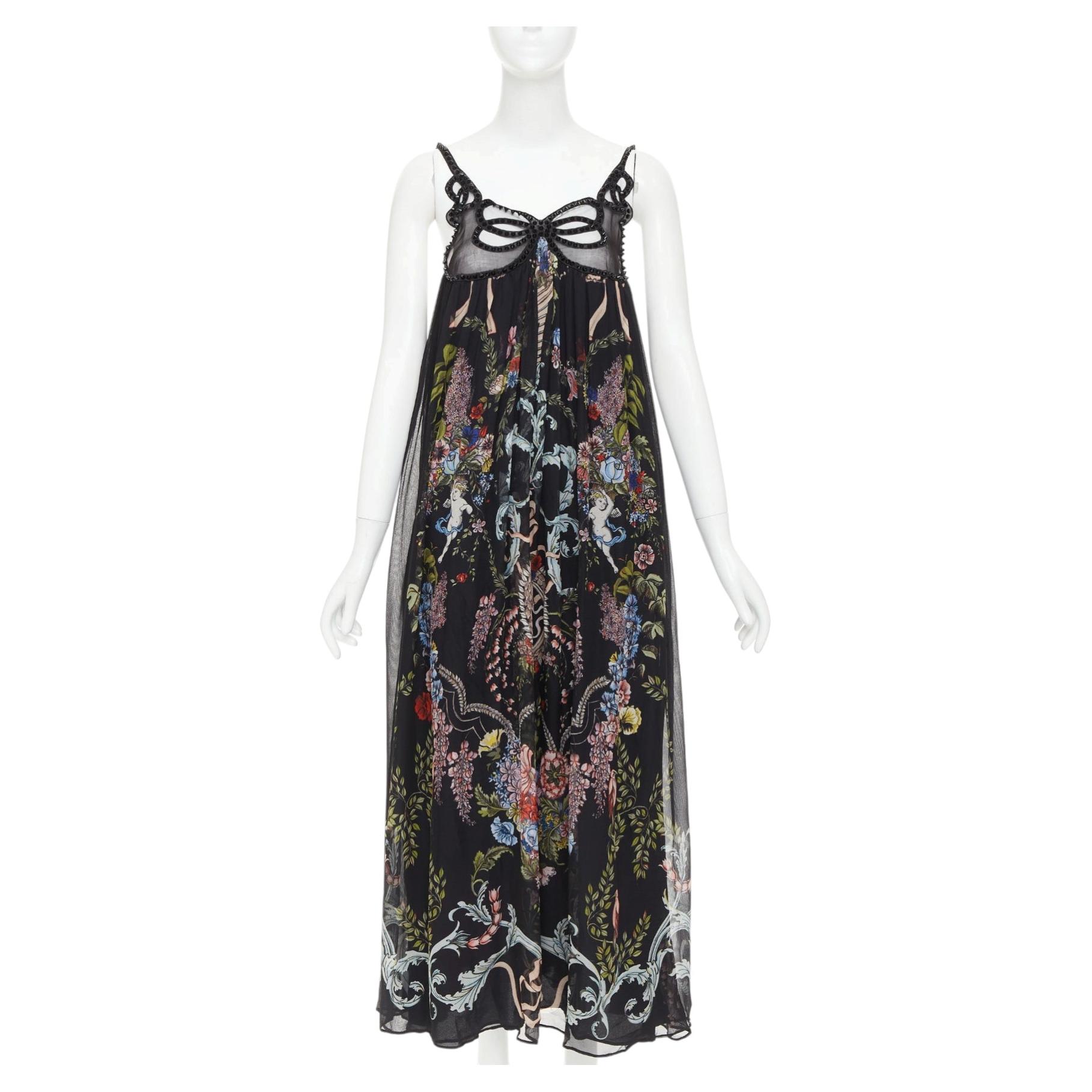 rare FENDI 2017 Riwau Blazon Cherub Gauze black silk empire gown dress FR38 M