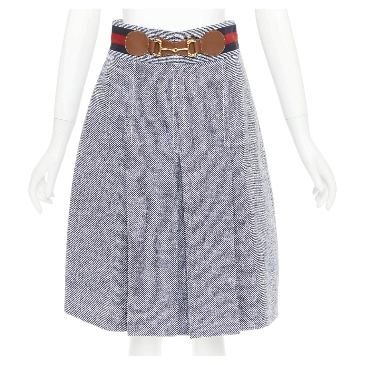 Gucci: gonna midi a pieghe in twill di cotone blu con cintura Web Horsebit rossa IT40 S