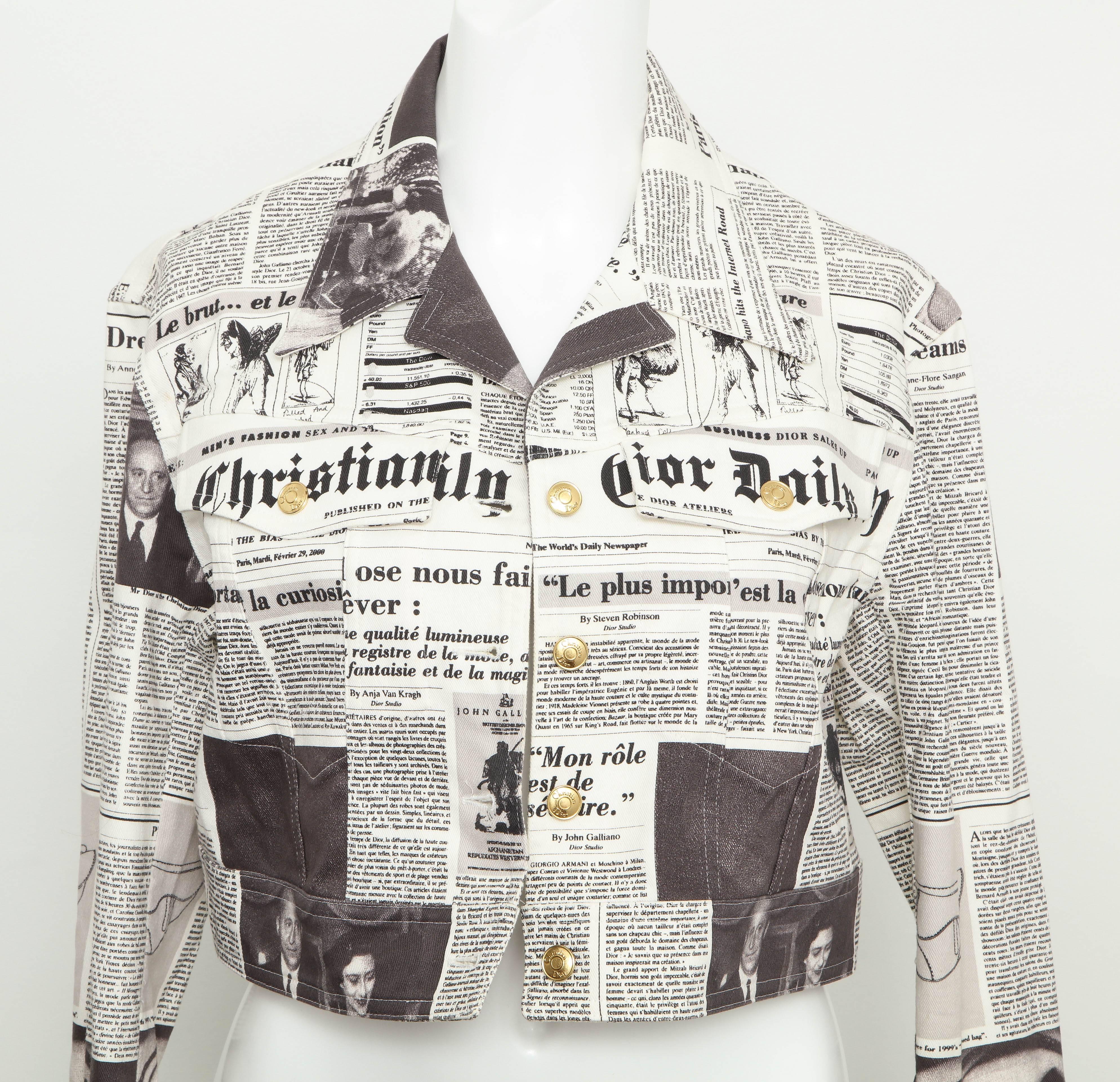 Extremely rare John Galliano for Christian Dior Newspaper short denim jacket. 

FR Size 36