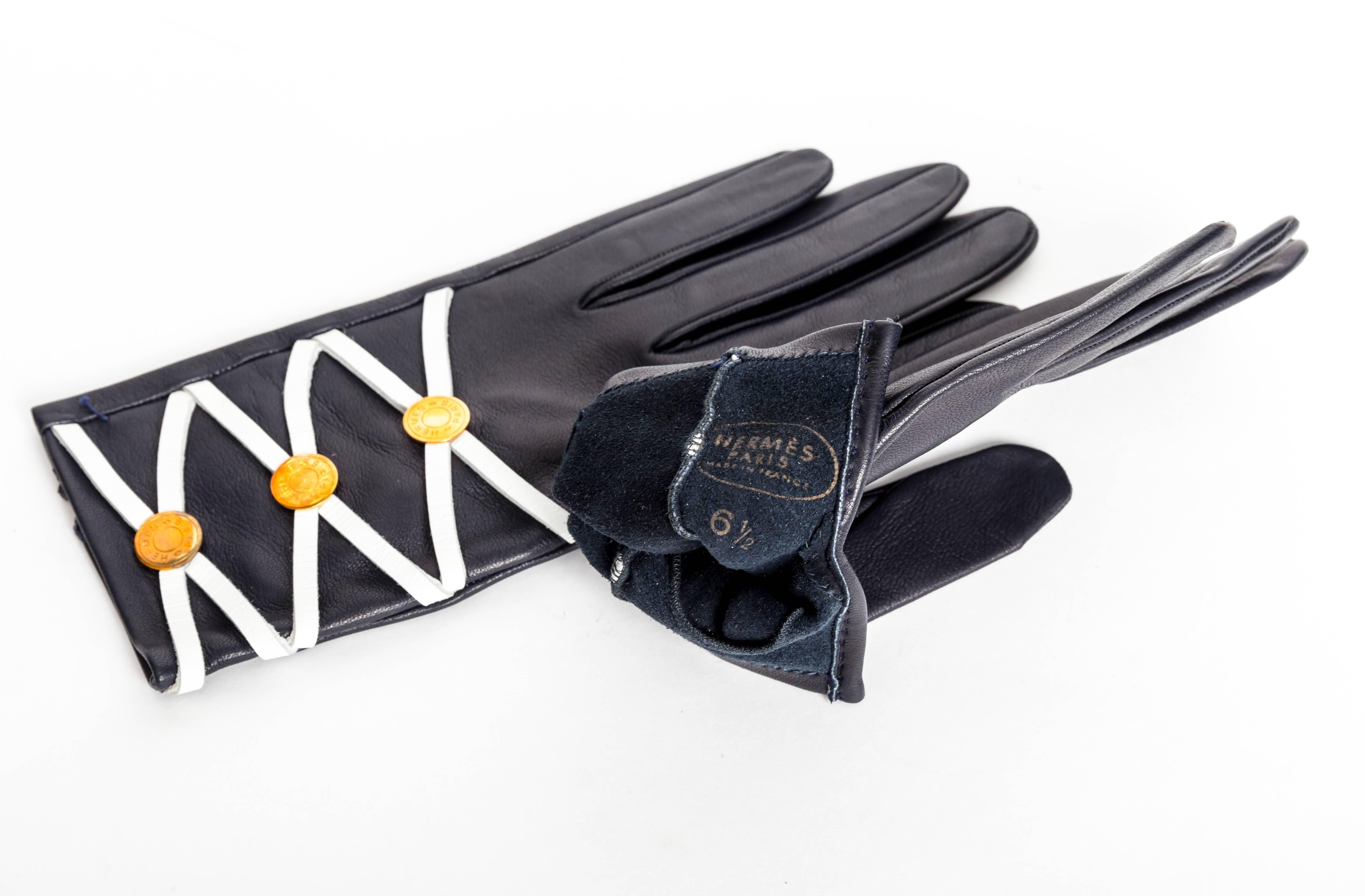 Hermes Navy Leather Gloves 1