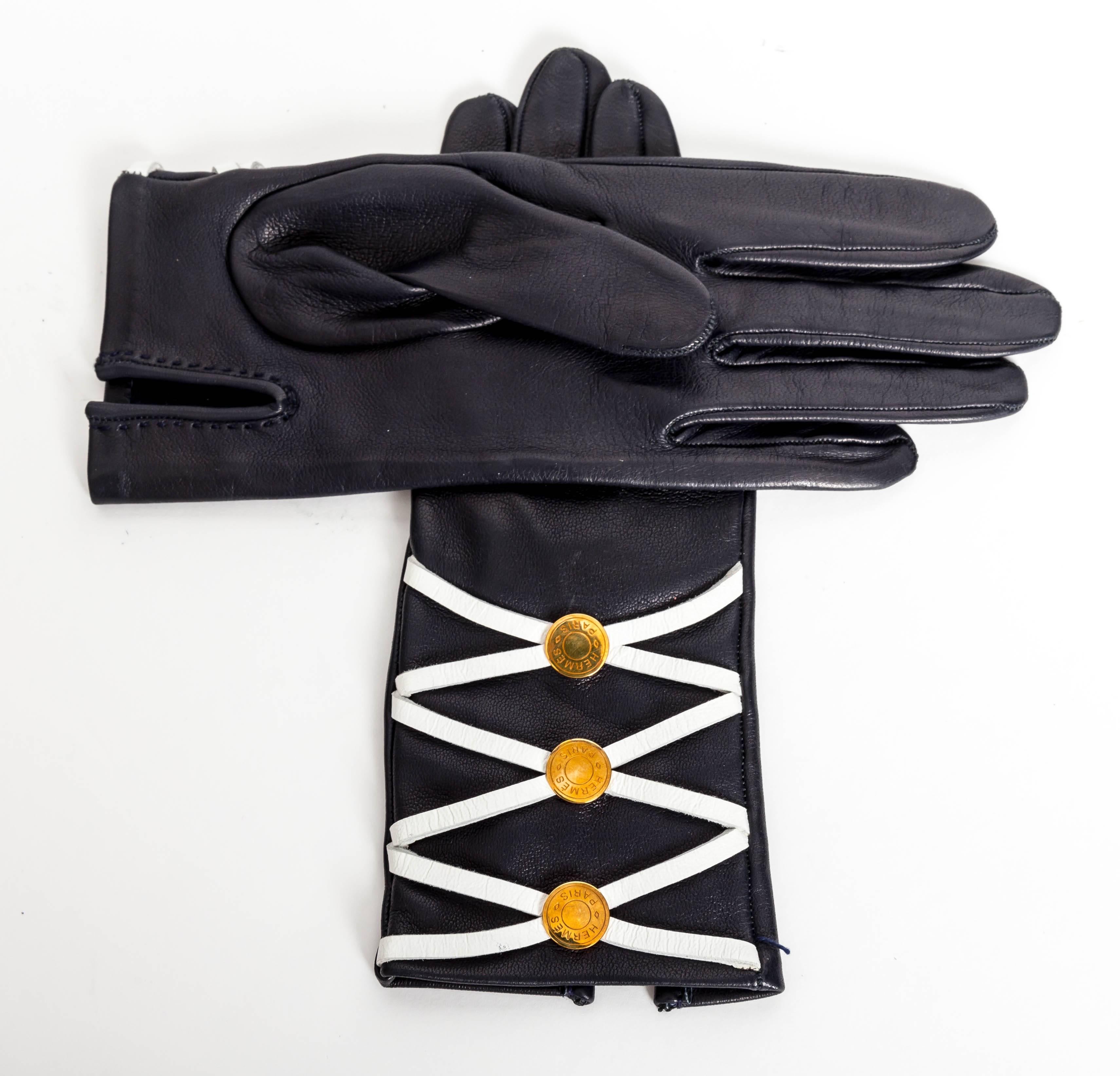 Hermes Navy Leather Gloves 2