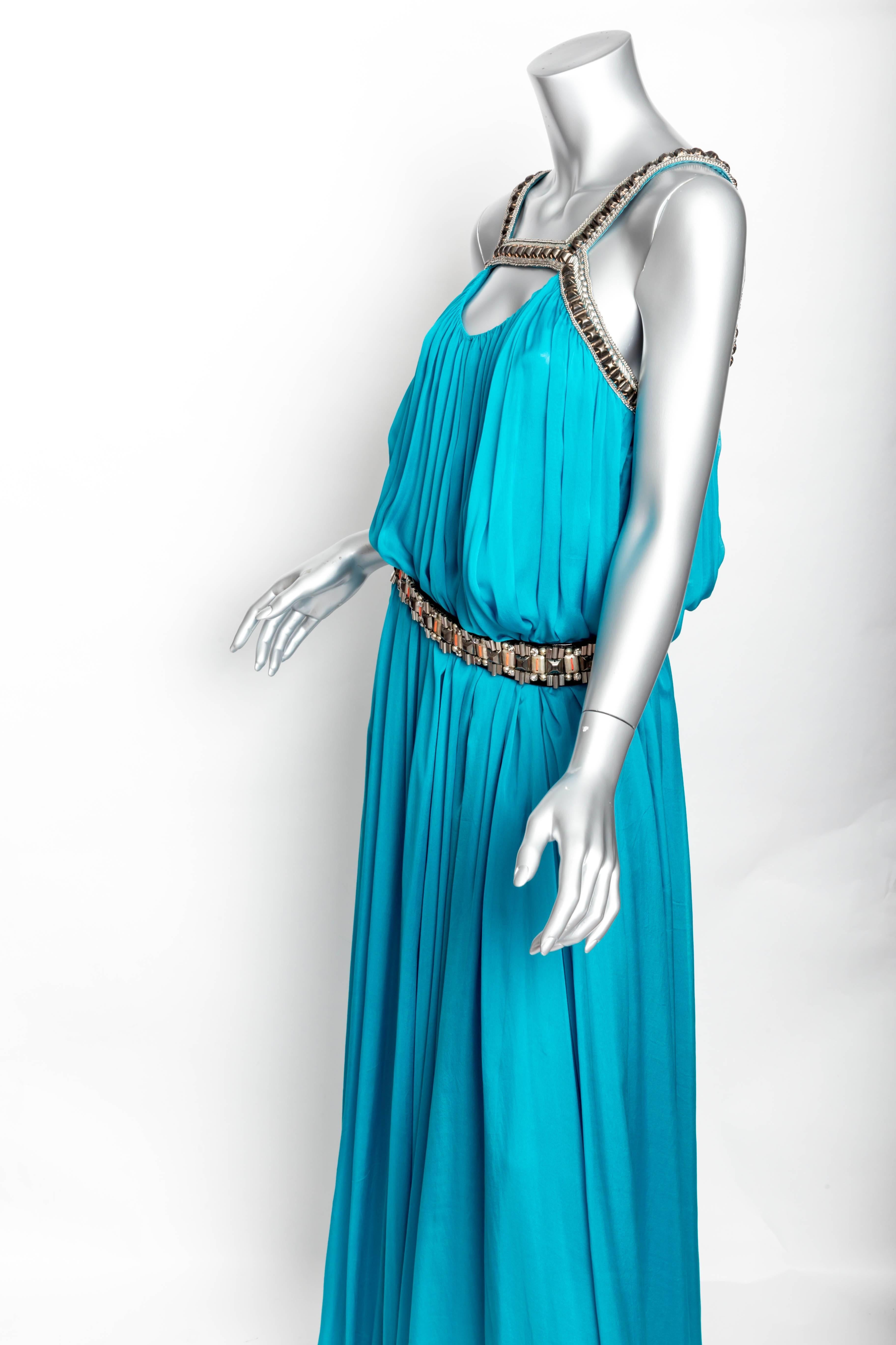 Matthew Williamson Turquoise Silk Gown - Size 10 In Excellent Condition For Sale In Westhampton Beach, NY