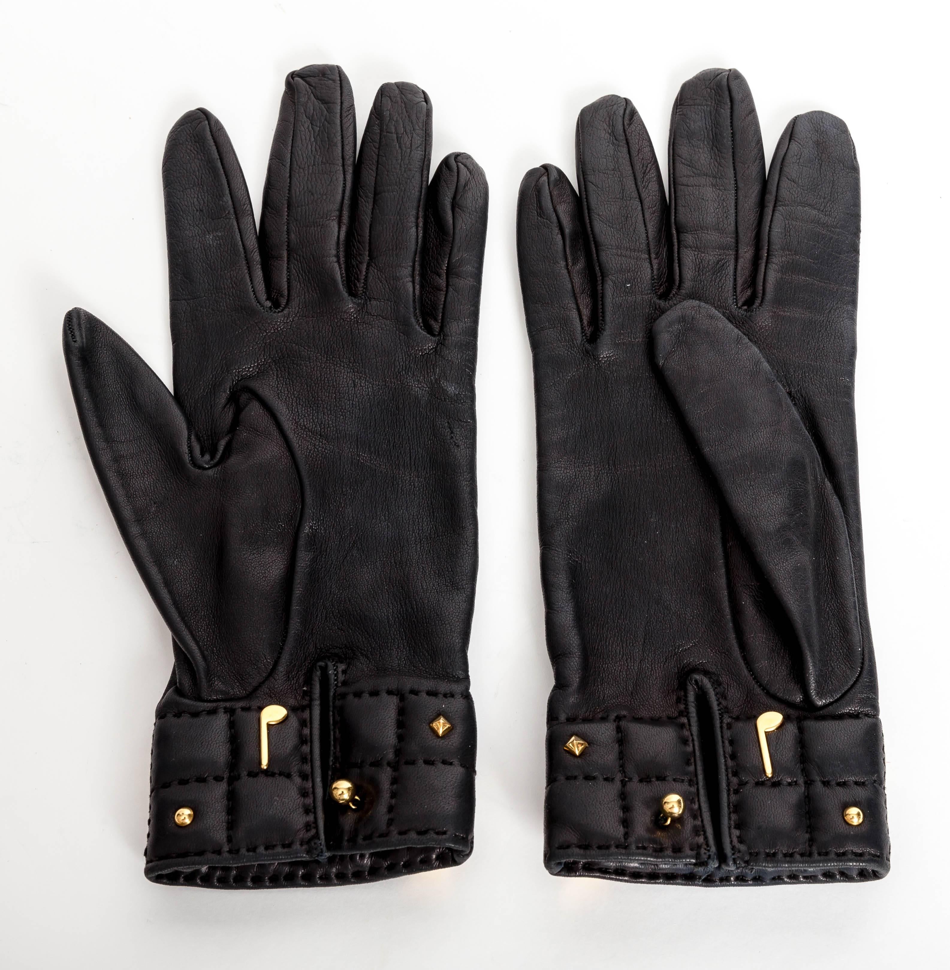 Women's Hermes Medoru Black Leather Gloves