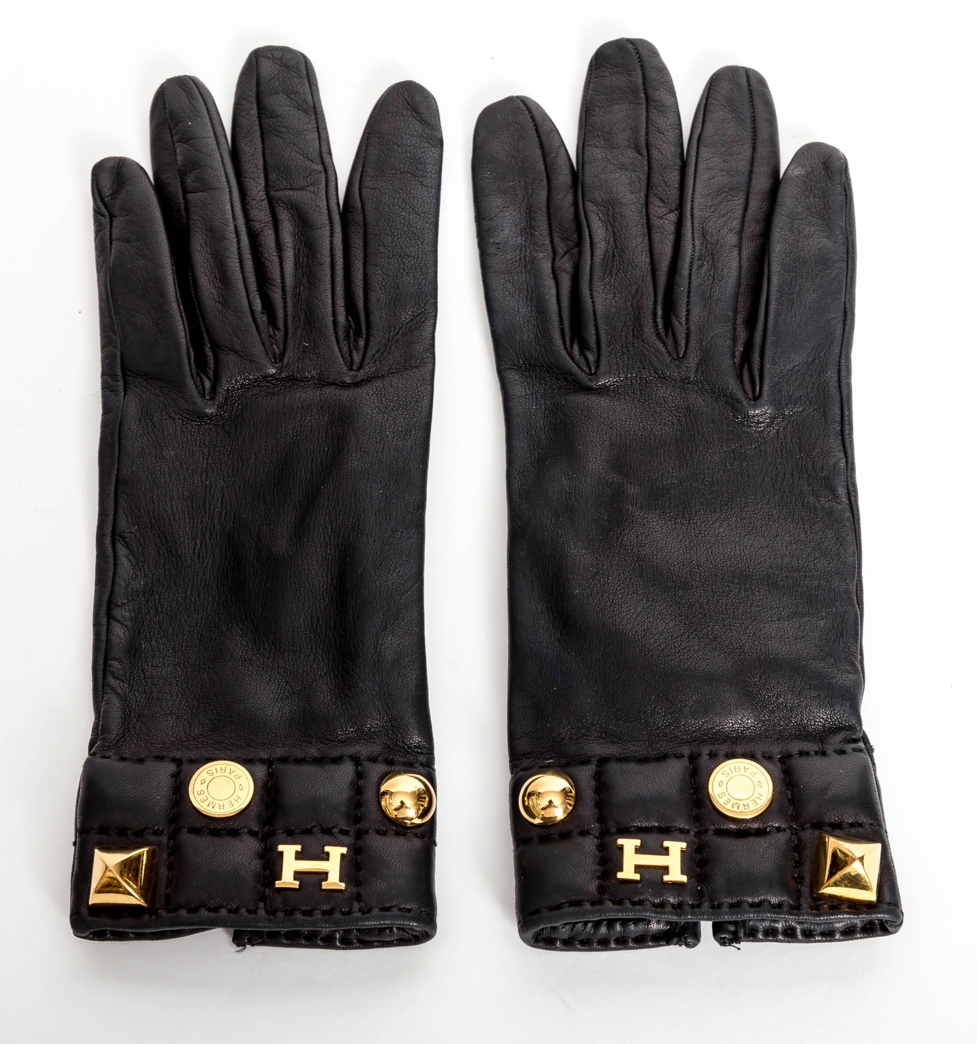 Hermes Medoru Black Leather Gloves 2