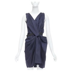 LANVIN 2010 navy ramie cotton drape black belted mini dress FR36 S