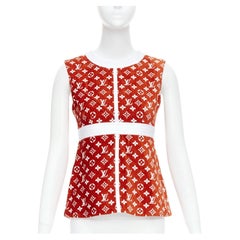 LOUIS VUITTON 2022 red white LV monogram gold back zip peplum top FR34 XS