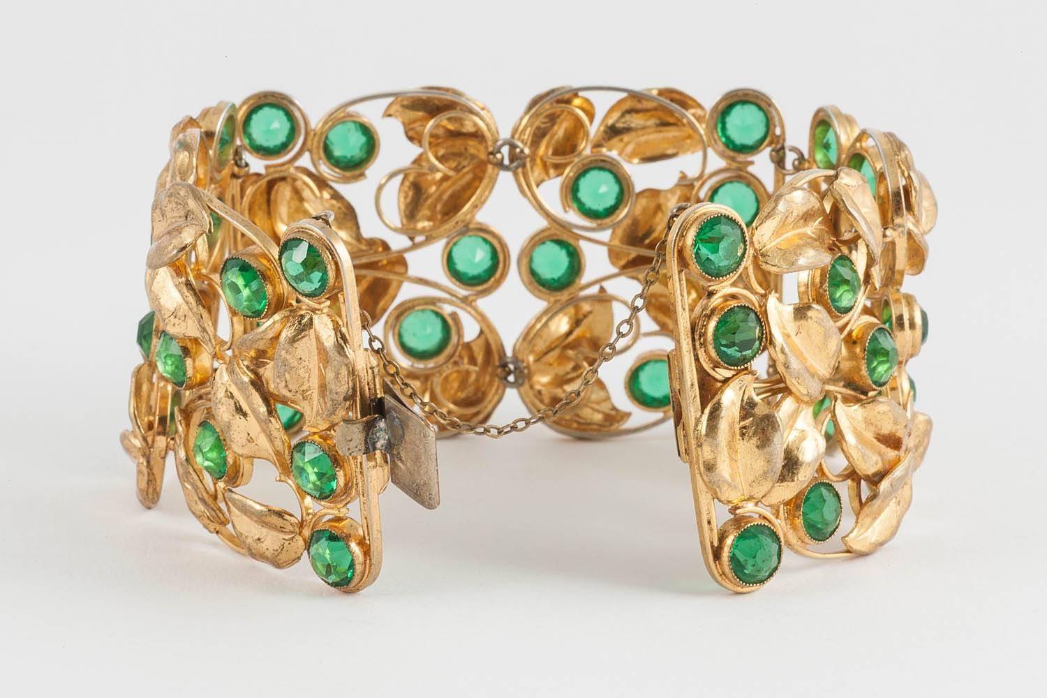 Women's or Men's Unusual 1940s gilt and paste panneled leaf bracelet