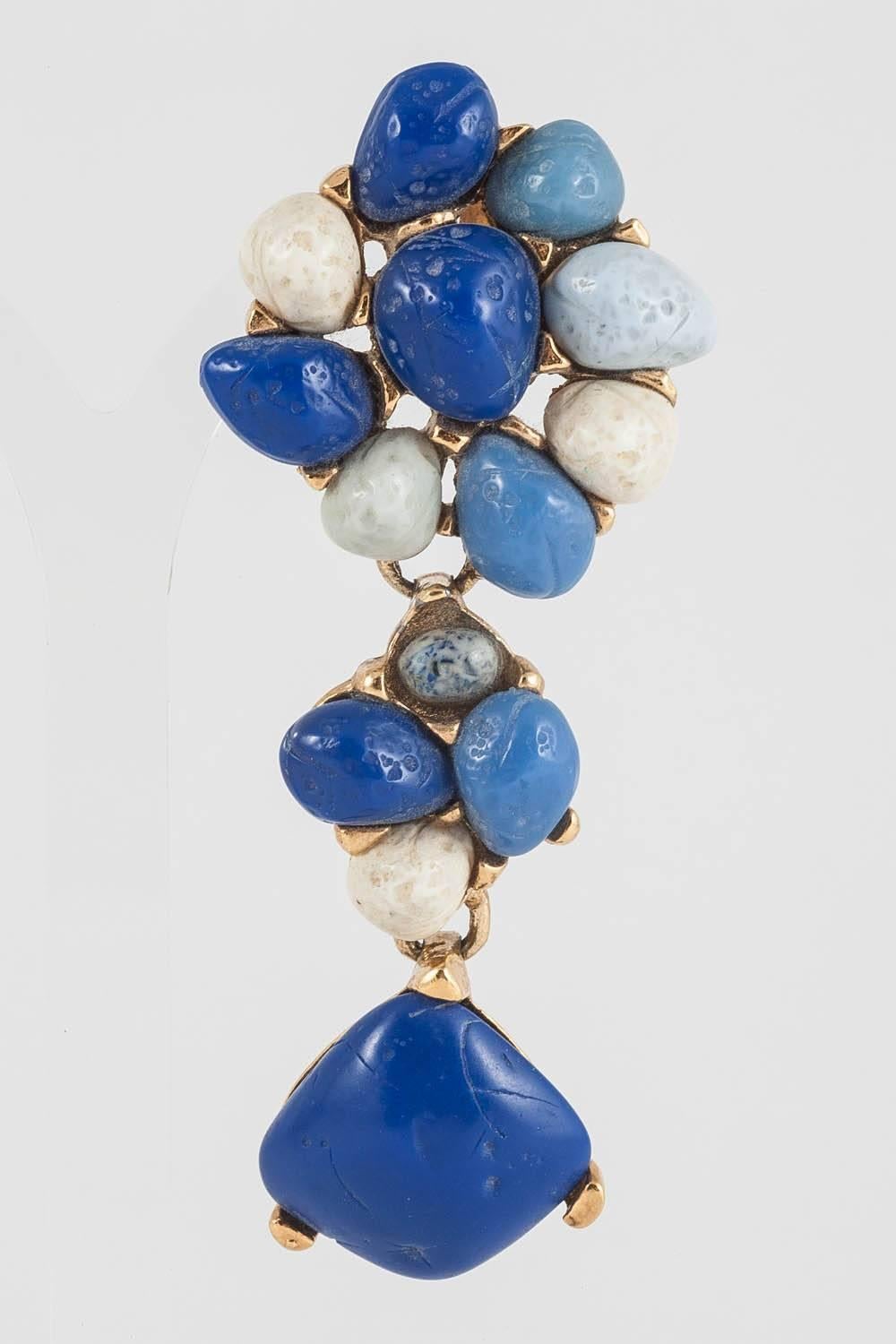 Striking Summery earrings, from Guy Laroche, made from gilded metal and resin 'nuggets/stones', imitating agates, lapis lazuli and others. Although very long, these earrings look heavier than they are to wear, but are very glamorous and perfect for