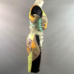 ETRO Primavera/Estate 2014 Taglia 6 Abito midi giallo multicolore in misto seta con motivo paisley e scollo a V