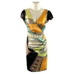 ETRO Primavera/Estate 2014 Taglia 6 Abito midi giallo multicolore in misto seta con motivo paisley e scollo a V