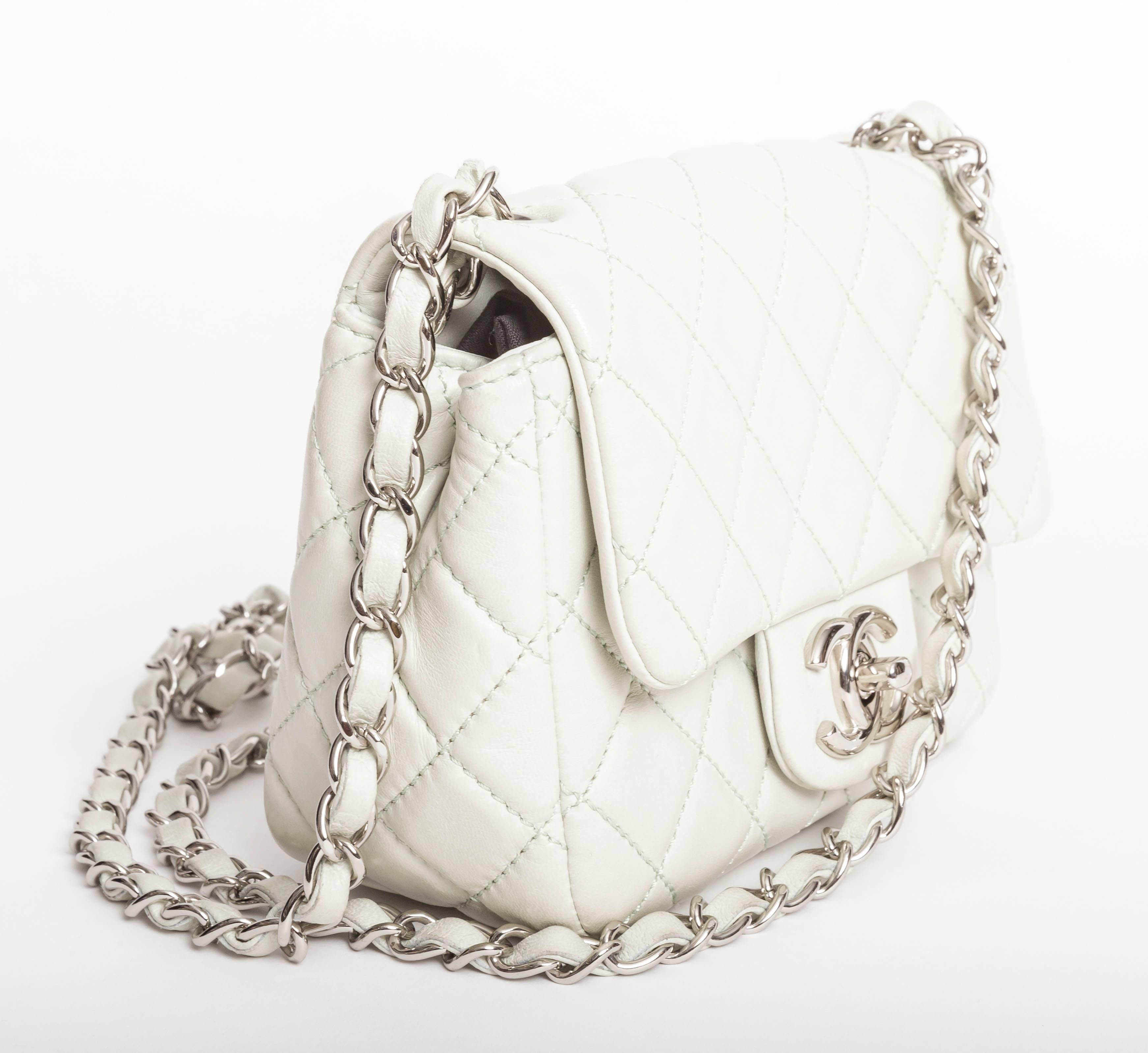 Chanel Mini Quilted Classic Single Flap in Celadon Green with Silver Hardware In Excellent Condition In Westhampton Beach, NY