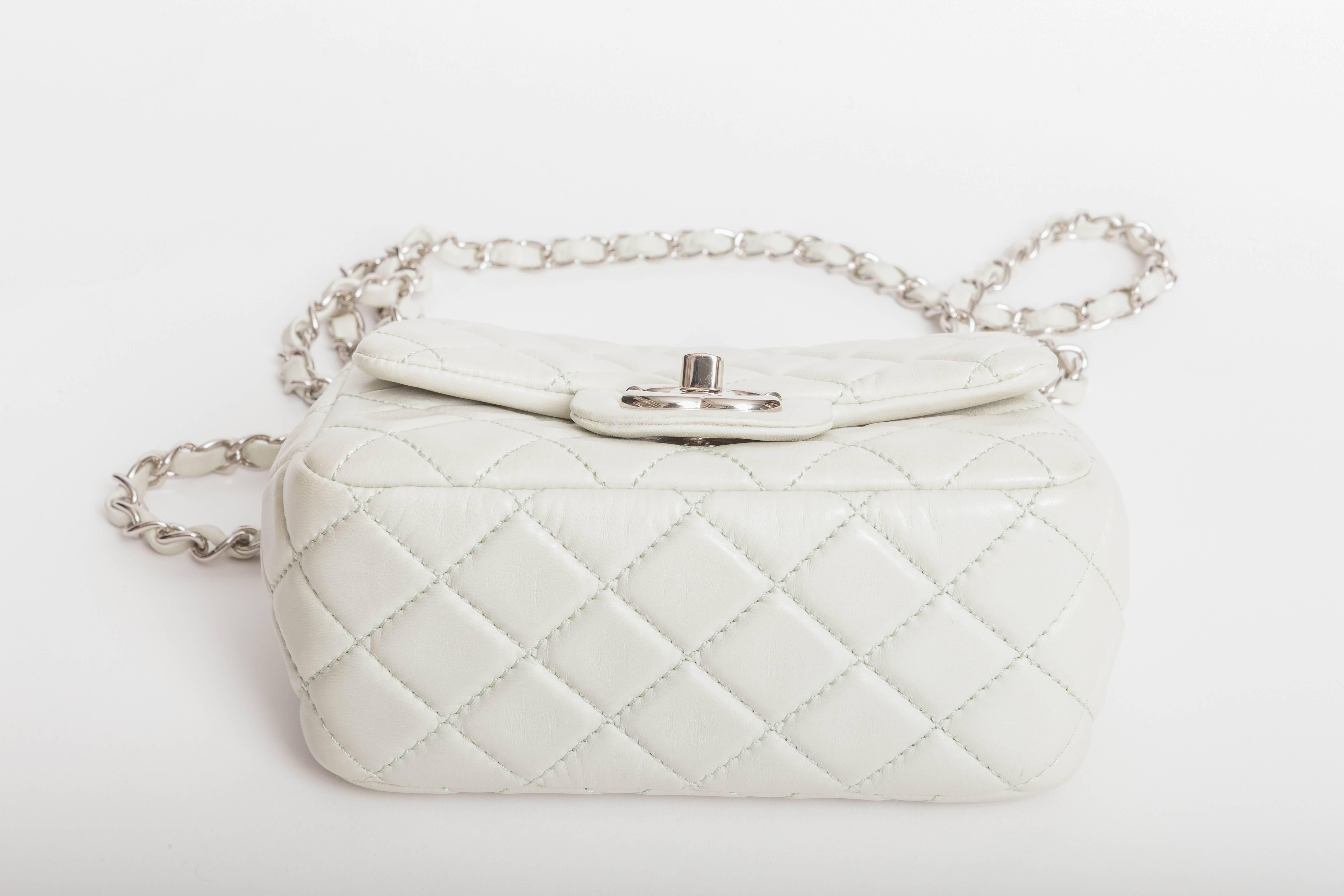 Women's Chanel Mini Quilted Classic Single Flap in Celadon Green with Silver Hardware