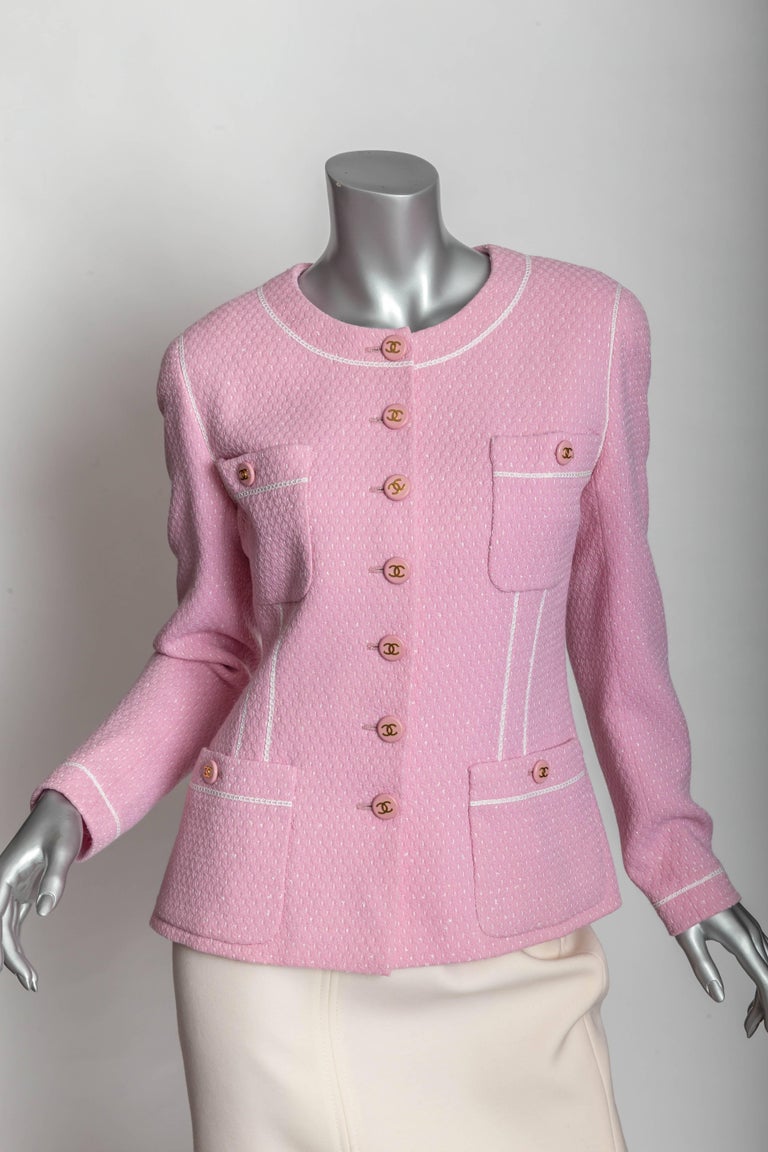 Chanel Jacket in Pink with Chanel Logo Buttons - 42 at 1stDibs