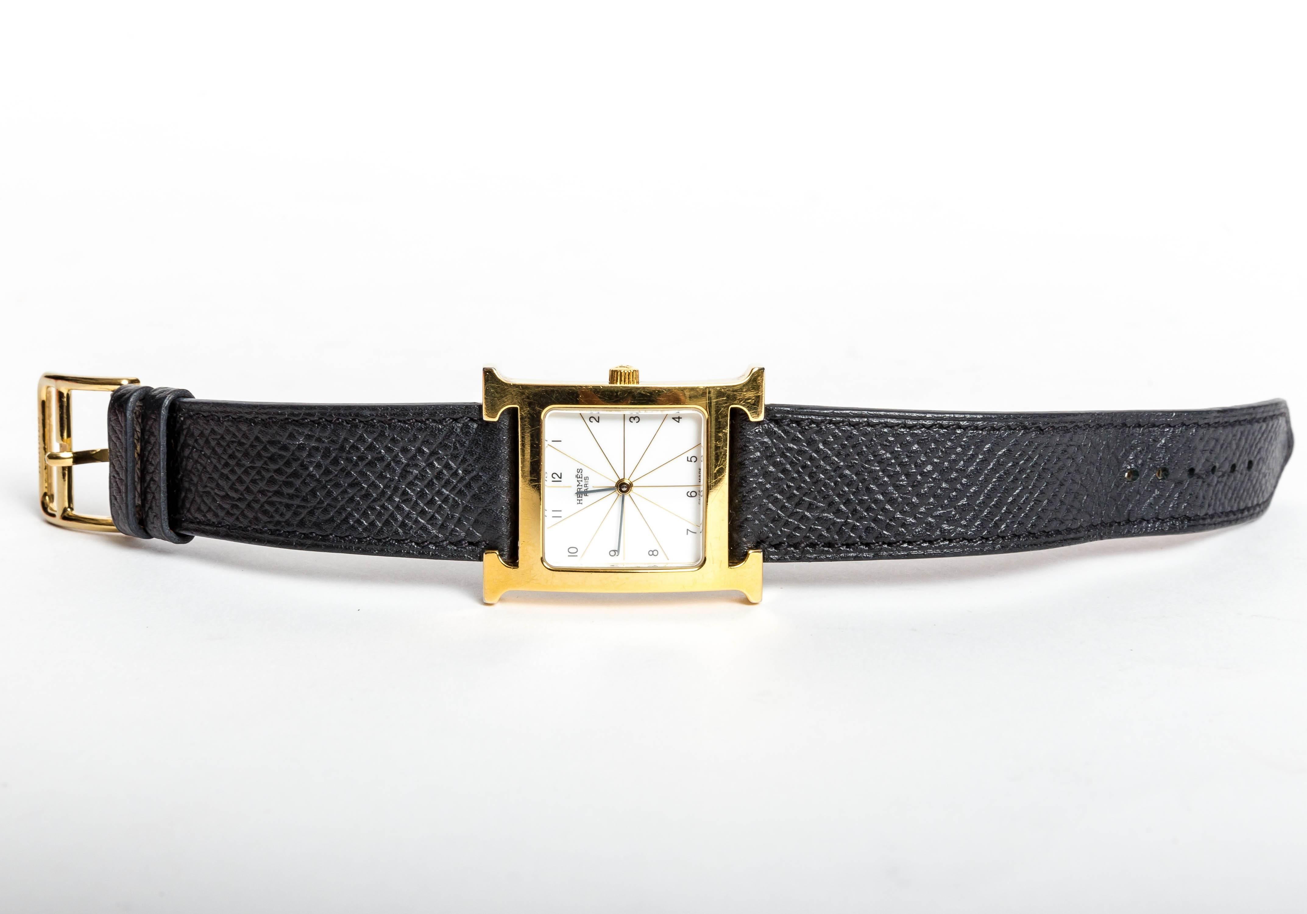 Women's or Men's Hermes Heure H Watch in Goldtone Stainless Steel on a Grained Leather Strap