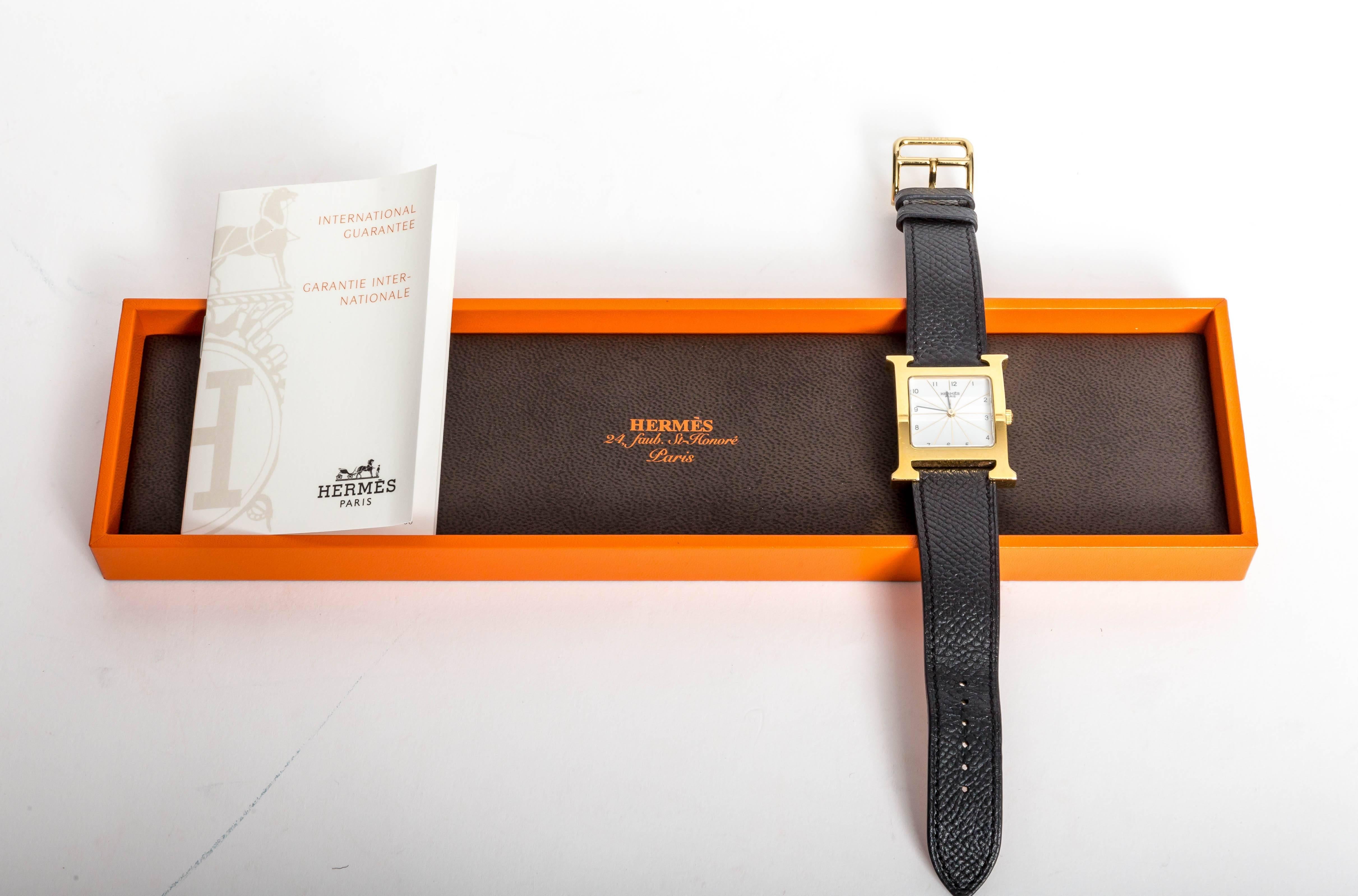 Hermes Heure H Watch in Goldtone Stainless Steel on a Grained Leather Strap 1