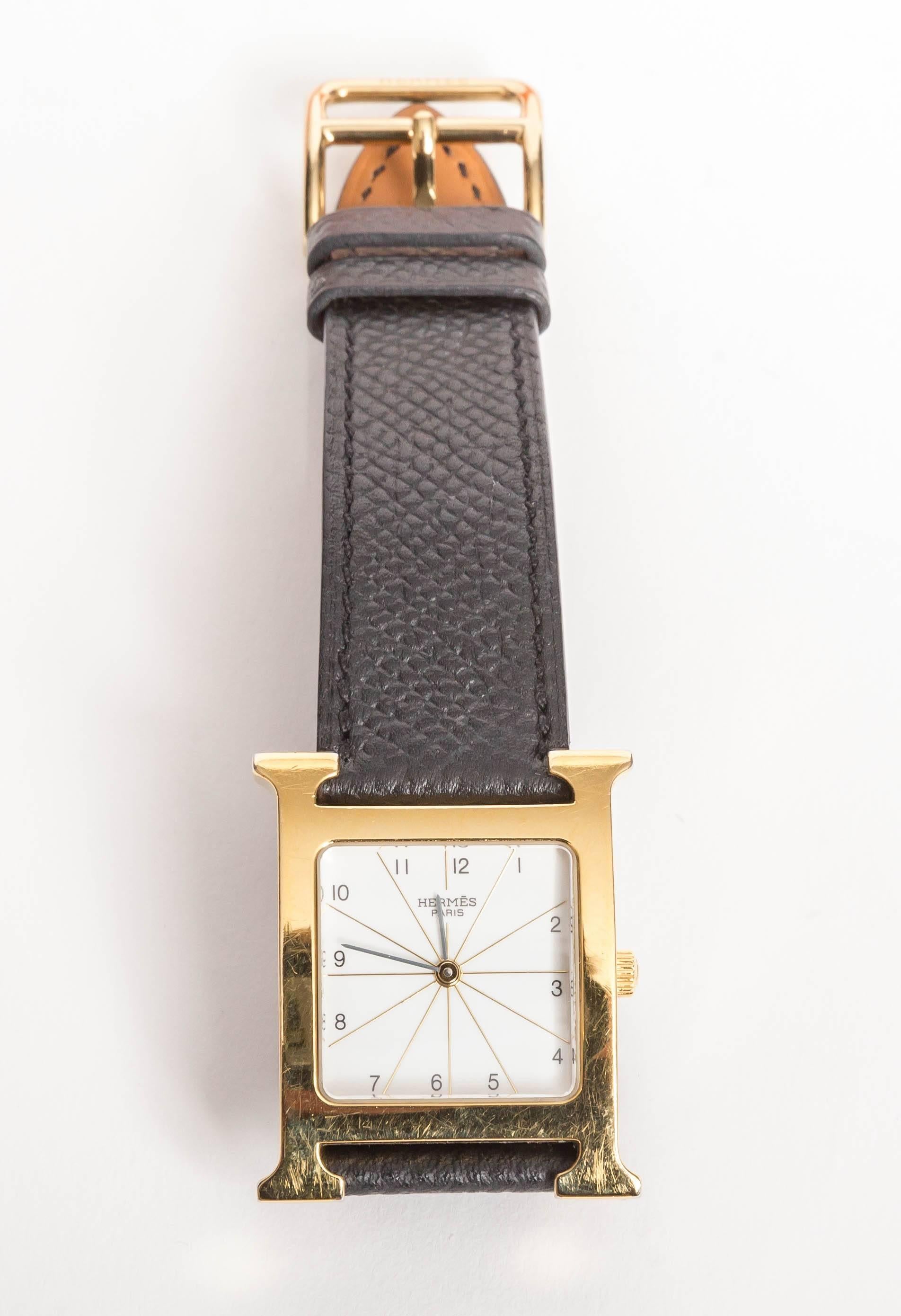 Hermes Heure H Watch in Goldtone Stainless Steel on a Grained Leather Strap 5