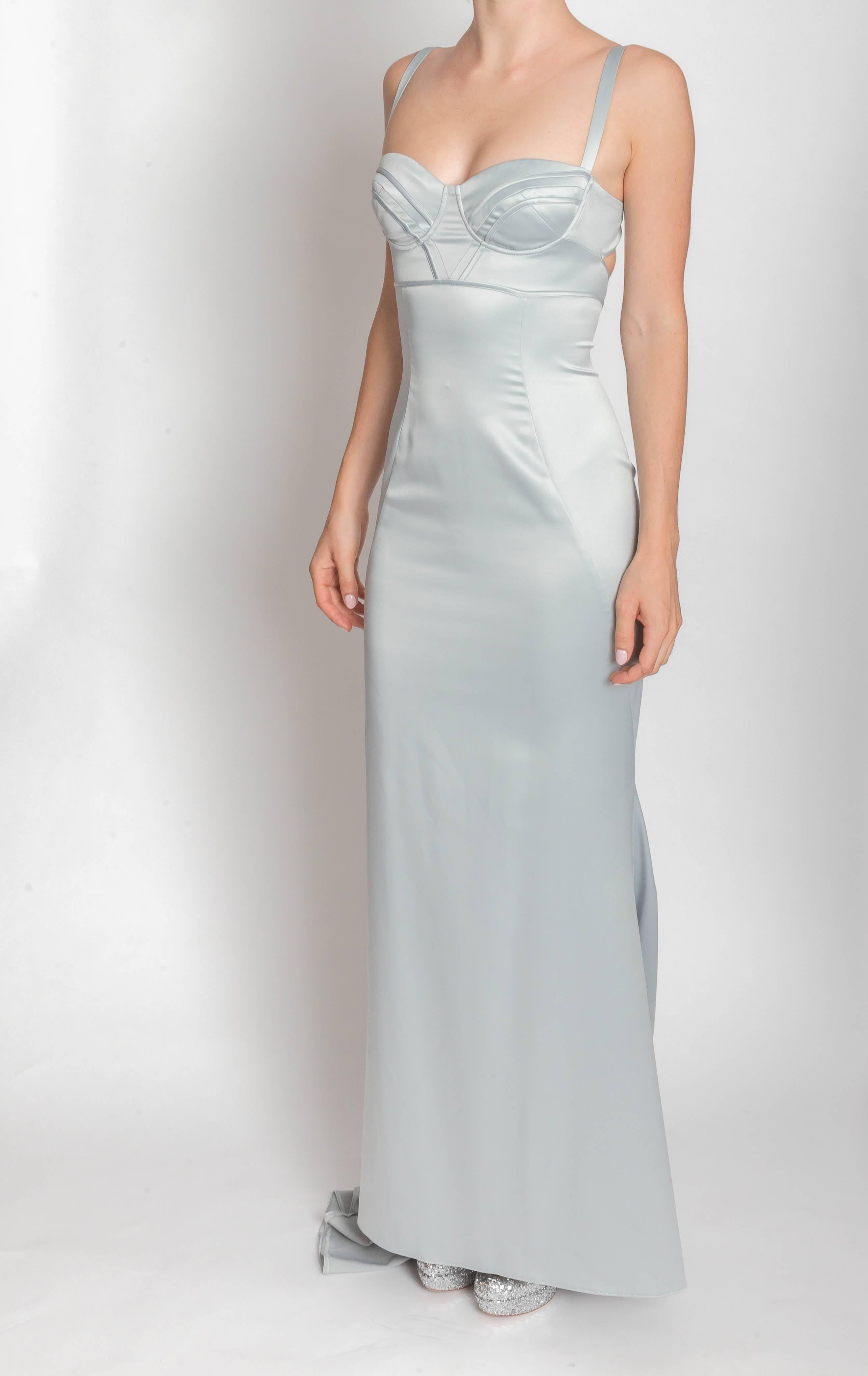 Stunning corset style Roberto Cavalli dress in ice blue.
Open back detail with bra strap style closure to top of key hole.
Zip with Cavalli logo pull to bottom of key hole.
Fishtail hem. 58 inches from shoulder to front hem. 66 inches from shoulder