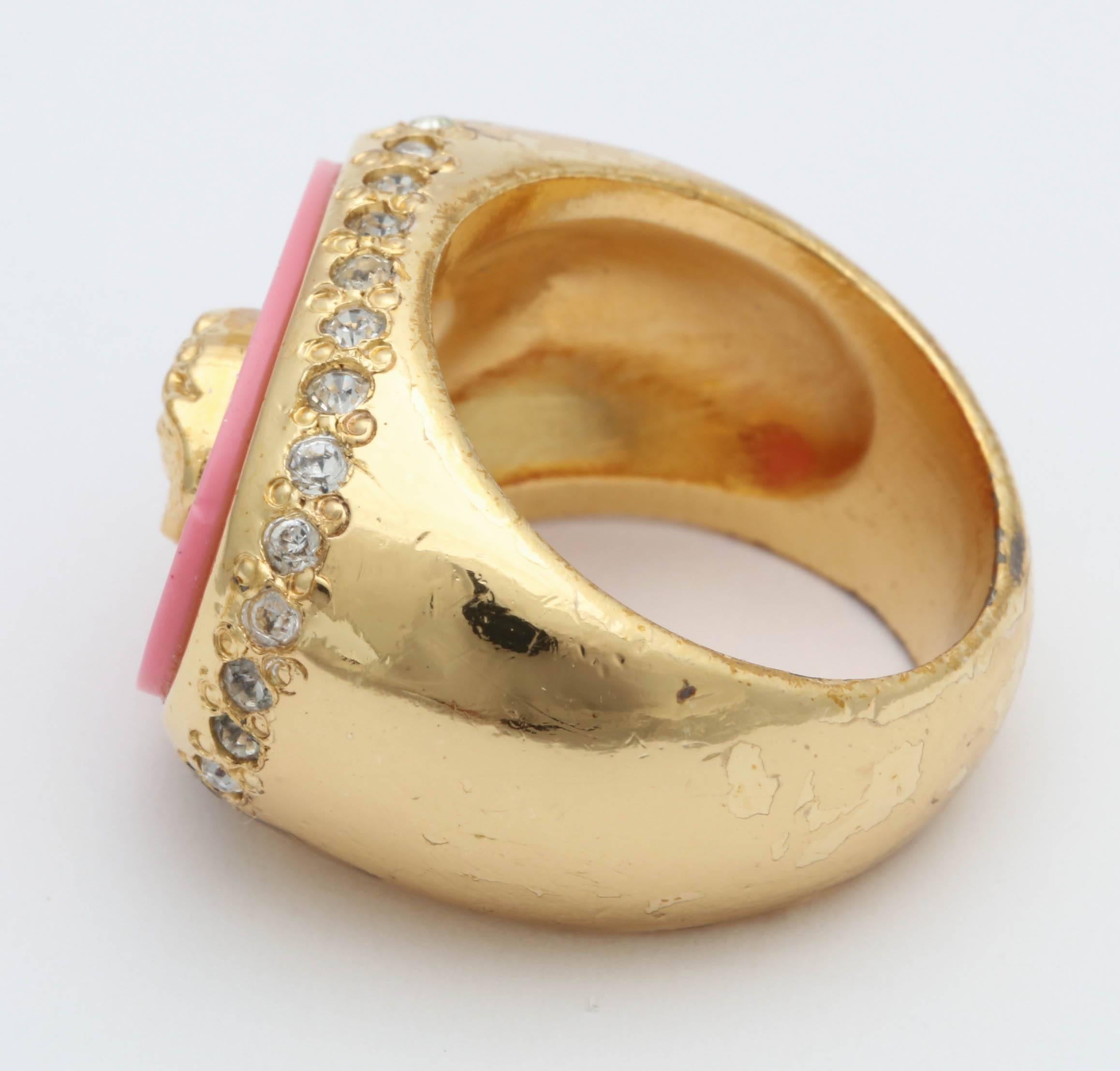 Gianni Versace Iconic Pink Medusa Ring  In Excellent Condition In Chicago, IL