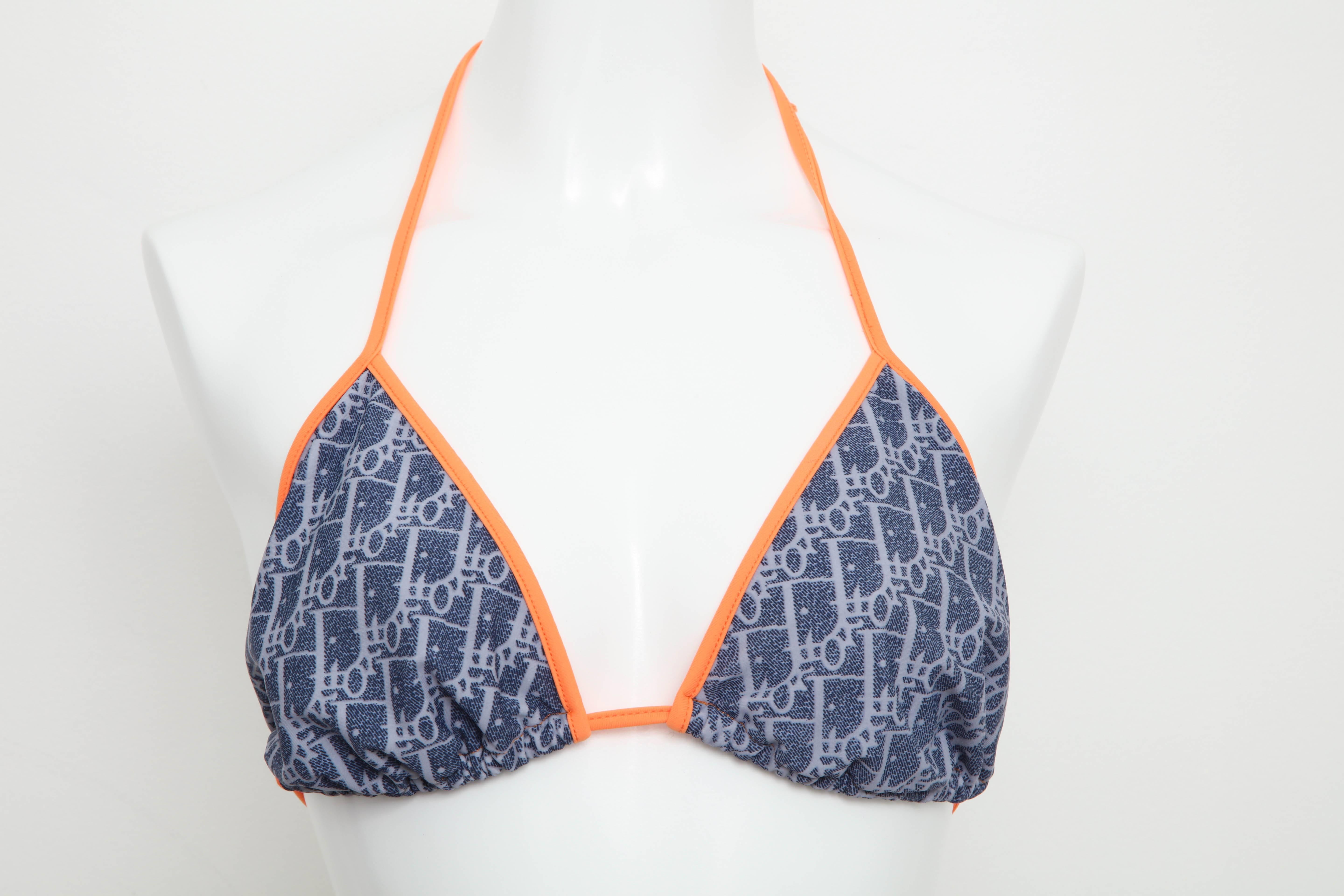 John Galliano for Christian Dior navy blue logo bikini with orange trimming. 

Size 40
