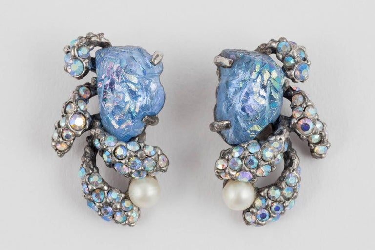 Blue glass and paste "seaweed" brooch and earrings, Schiaparelli, USA