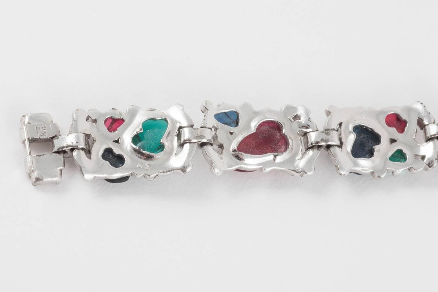 Beautiful moulded glass and paste 'fruit salad' bracelet, Trifari, 1930s In Excellent Condition In Greyabbey, County Down