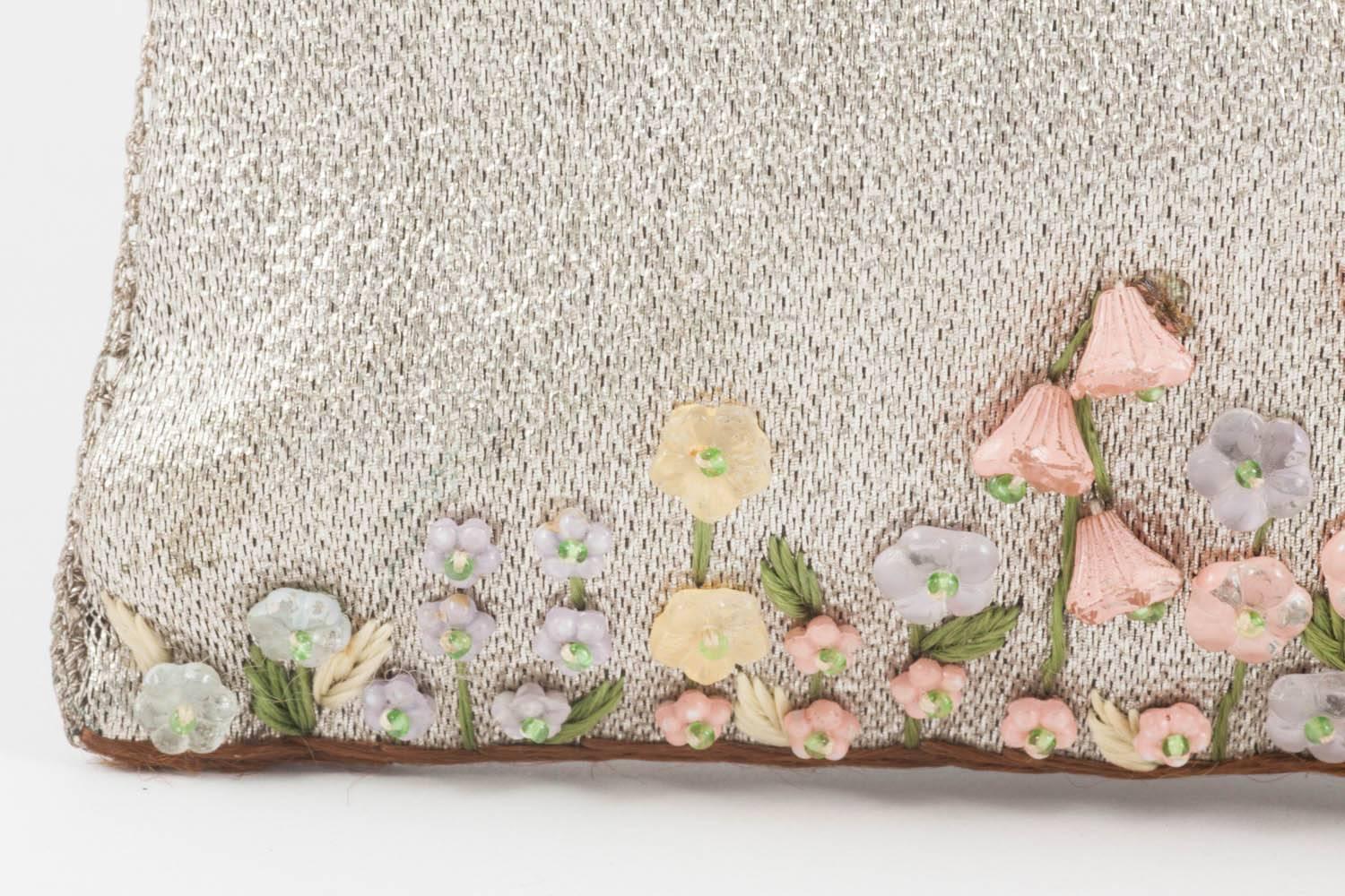 Beige Exquisite silver clutch, with hand painted flower decoration, 1920s