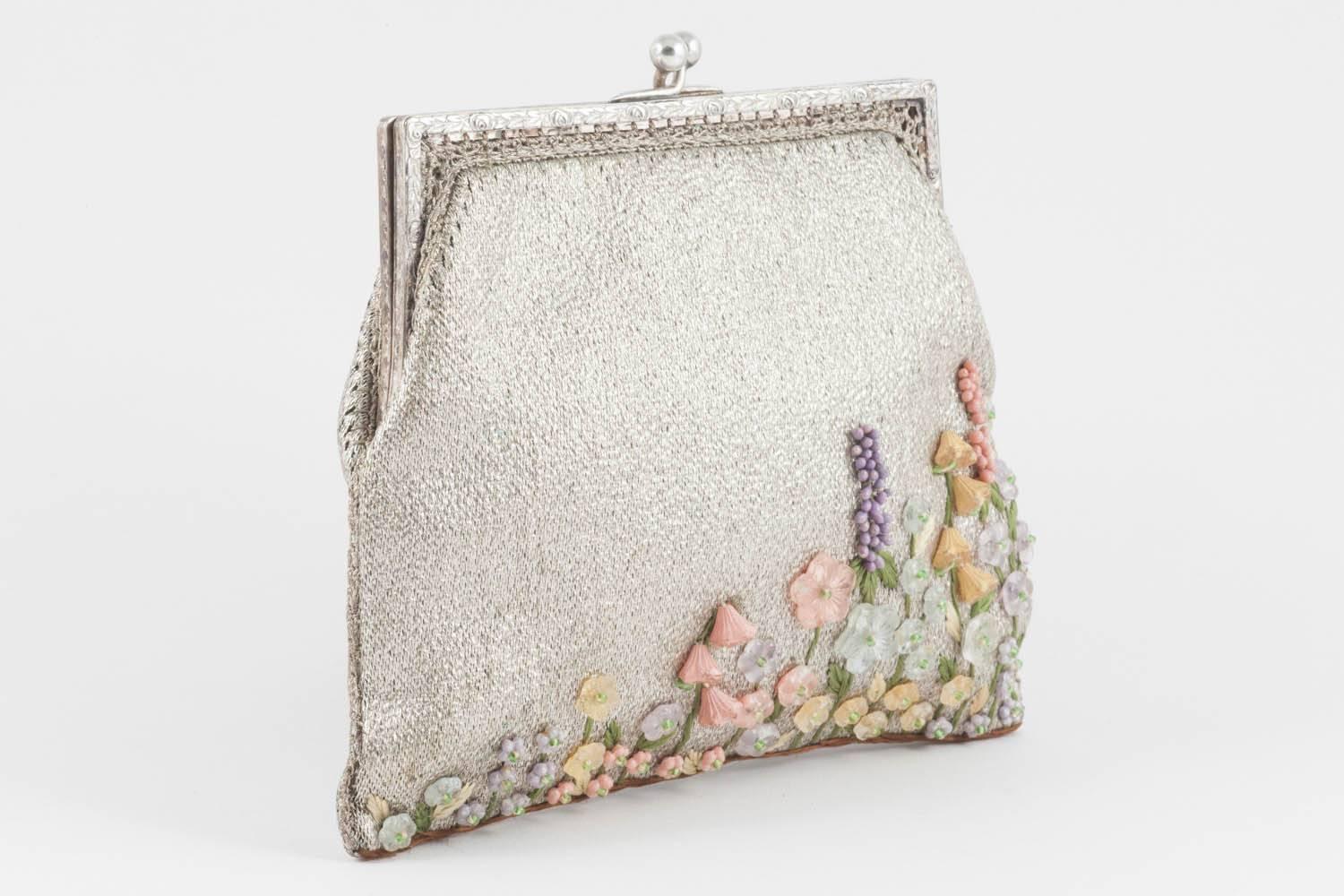 Women's Exquisite silver clutch, with hand painted flower decoration, 1920s