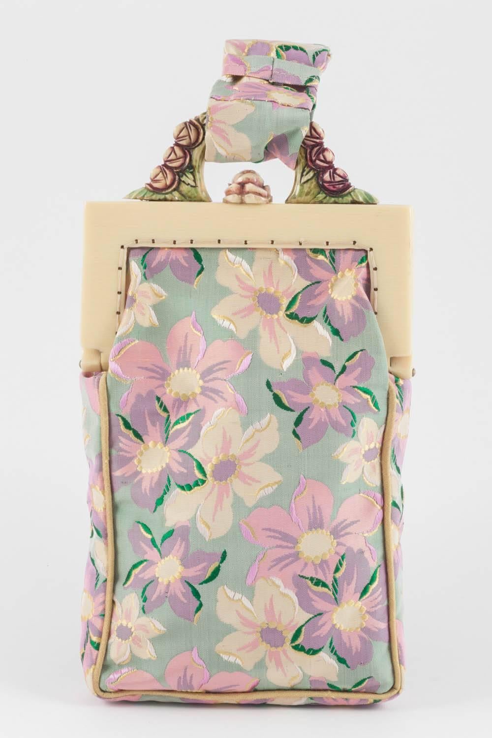 Women's An embroidered floral silk and ivorine framed small handbag, English, 1920s. For Sale