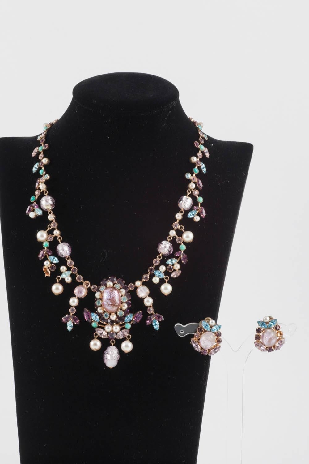 An exceptionally charming and sophisticated colour combination makes this rare set by the French parurier, Maryse Blanchard, very wearable and eye catching. Made from Venetian glass beads, coloured  pastes and pearls, some pendant and moving, this