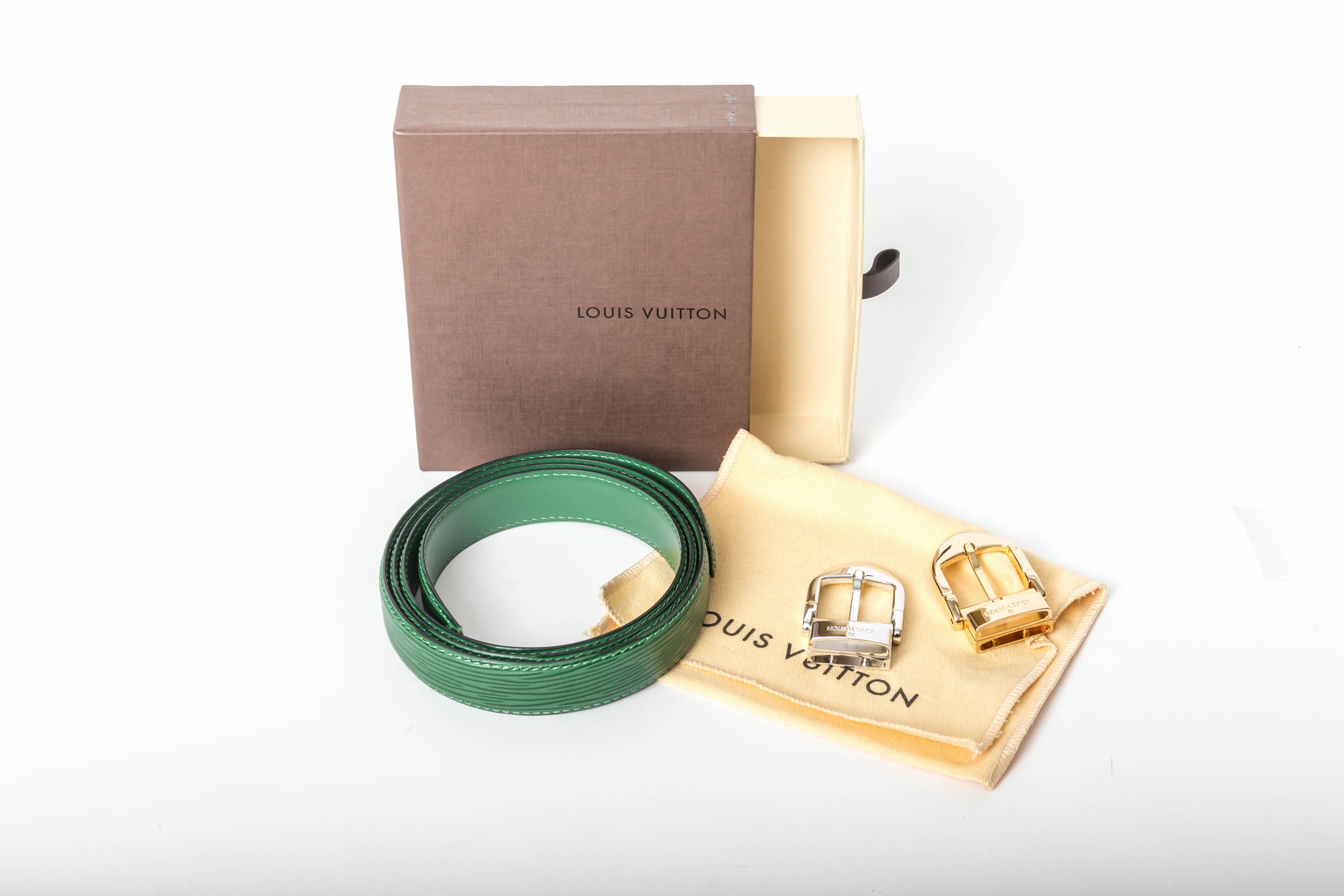 Louis Vuitton Green Epi Belt with Silver and Gold Buckles / New With Box - 44 In New Condition In Westhampton Beach, NY