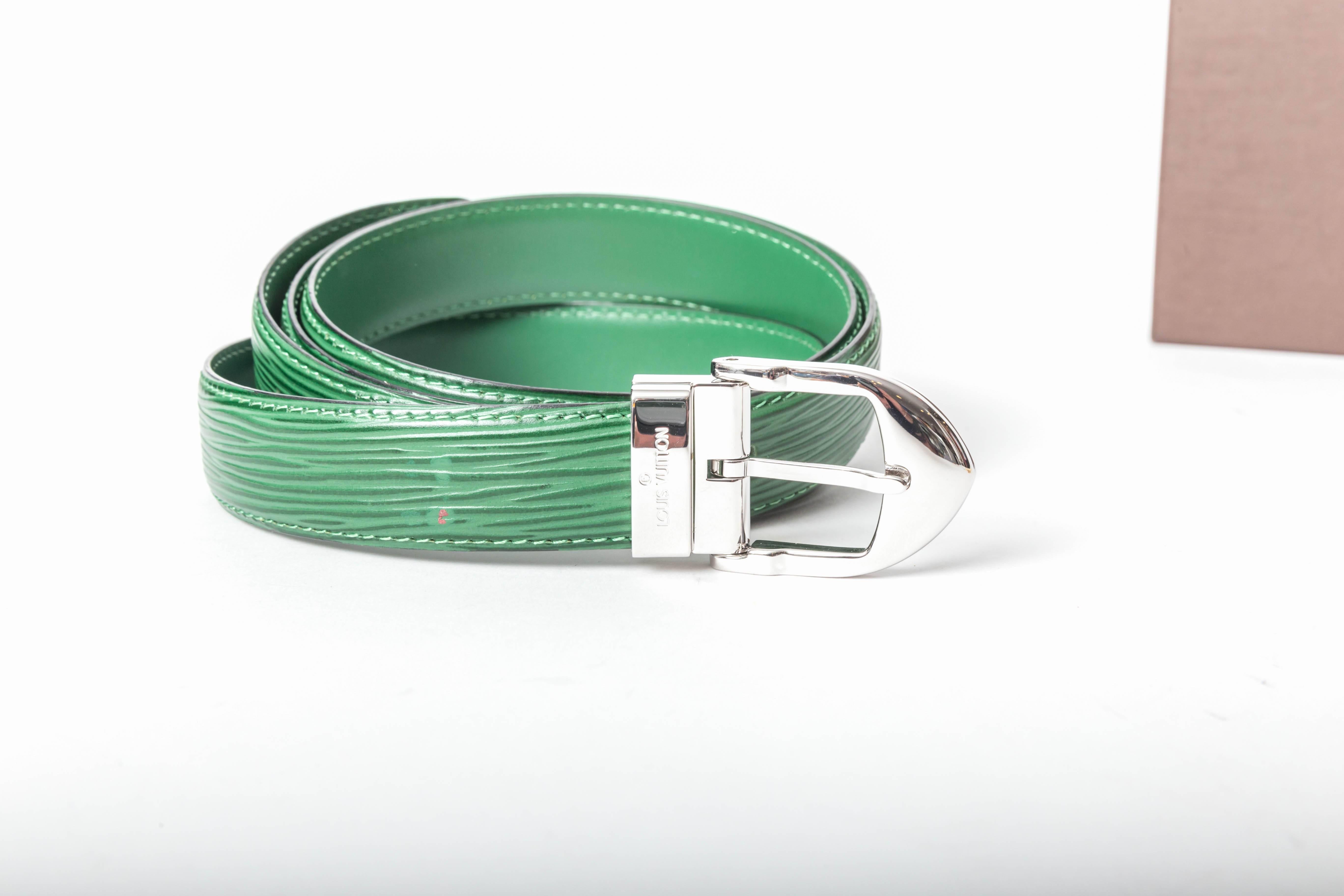 Women's or Men's Louis Vuitton Green Epi Belt with Silver and Gold Buckles / New With Box - 44