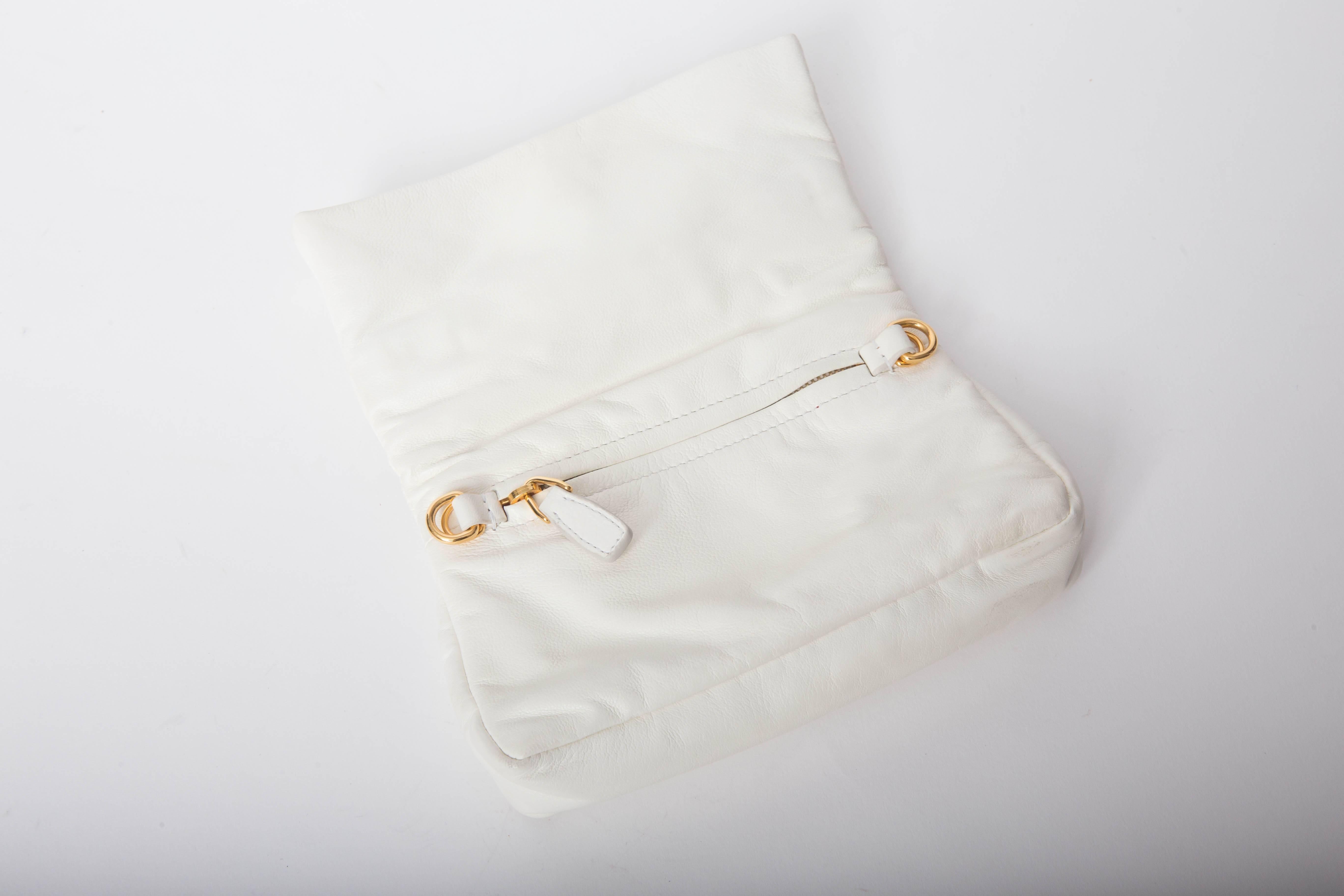 Gray Miu Miu White Leather Jewelled Clutch / Crossbody 
