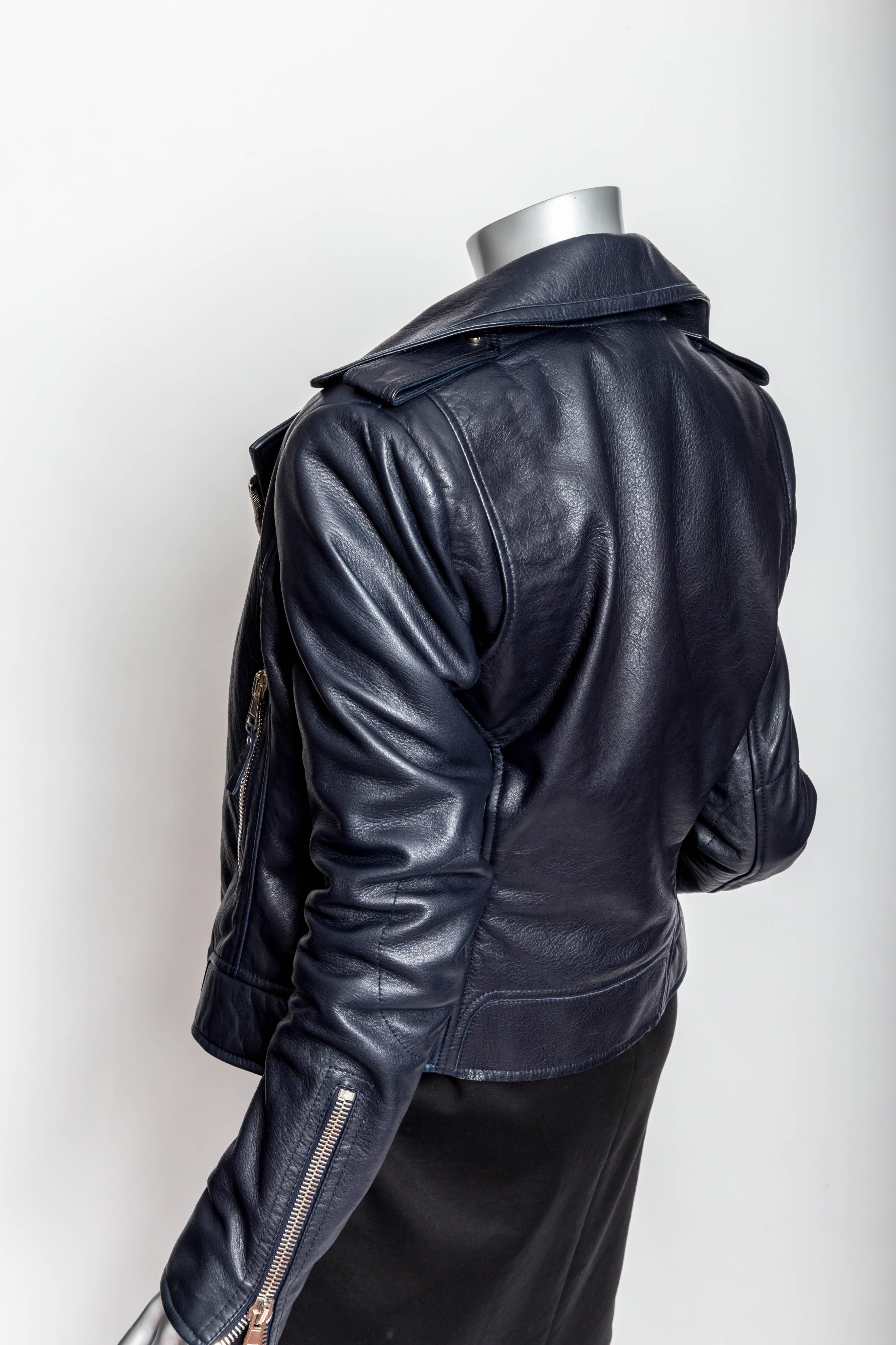 Balenciaga Motorcycle Jacket in Navy Blue Leather - 42 In Excellent Condition In Westhampton Beach, NY