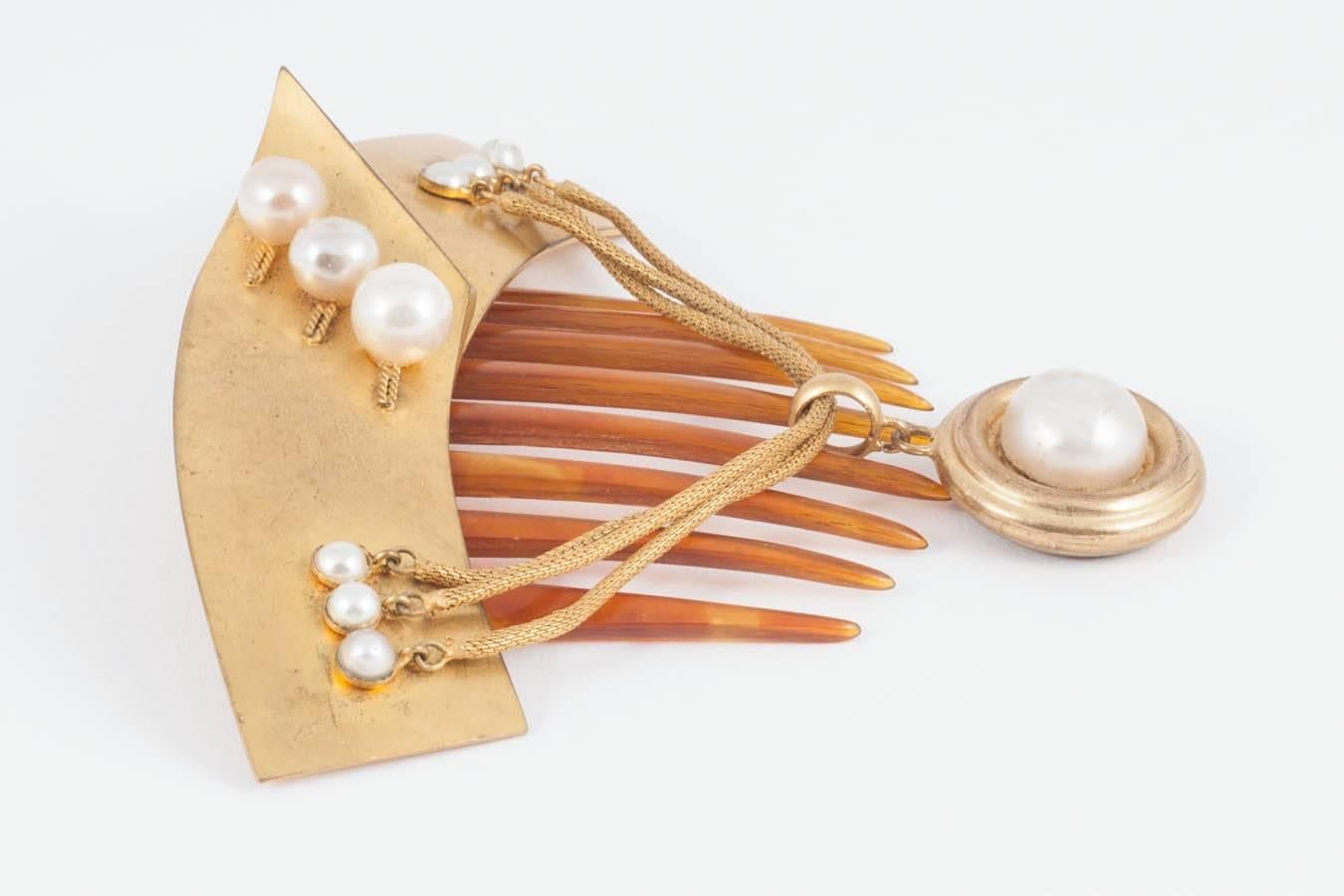 French 19th Century gilt metal and celluloid hair comb, with faux pearls. 1