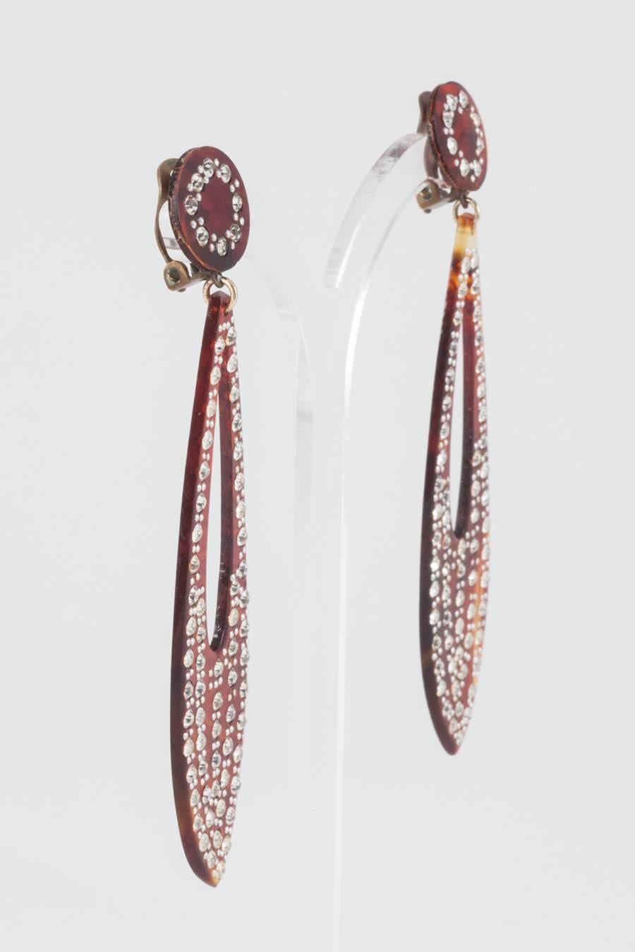 Women's French 'tortoiseshell' celluloid and paste long drop earrings, 1920s